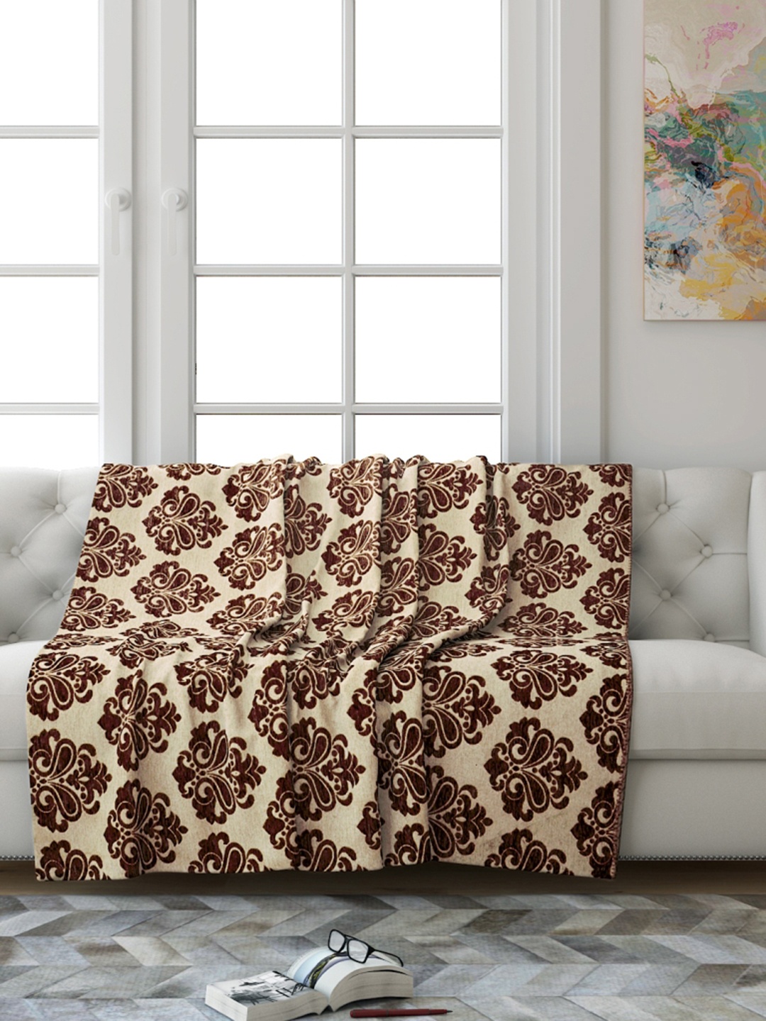 Saral Home Brown Printed 3 Seater Tufted Sofa Throw