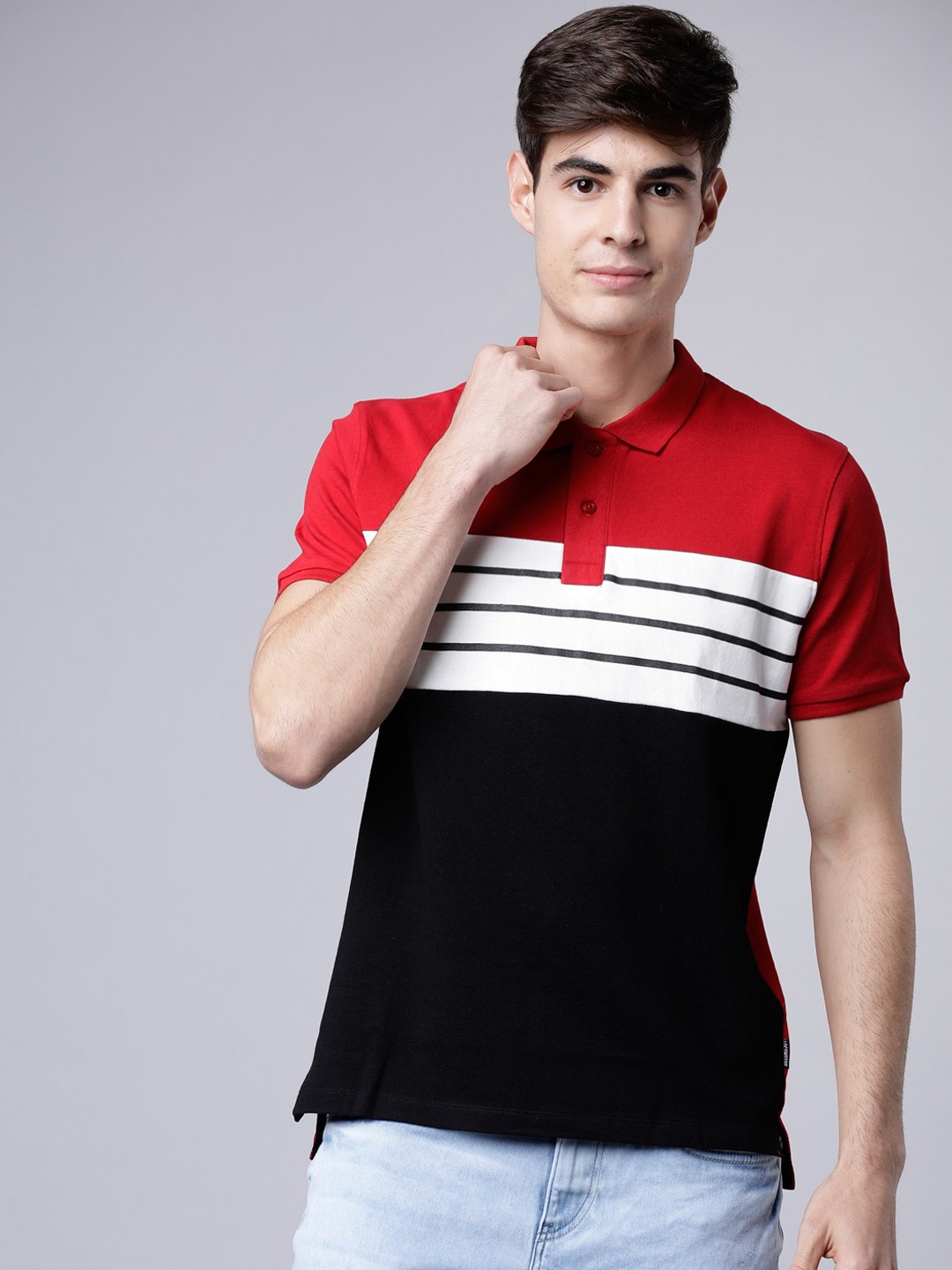 

LOCOMOTIVE Men Red & Black Colourblocked Polo Collar T-shirt