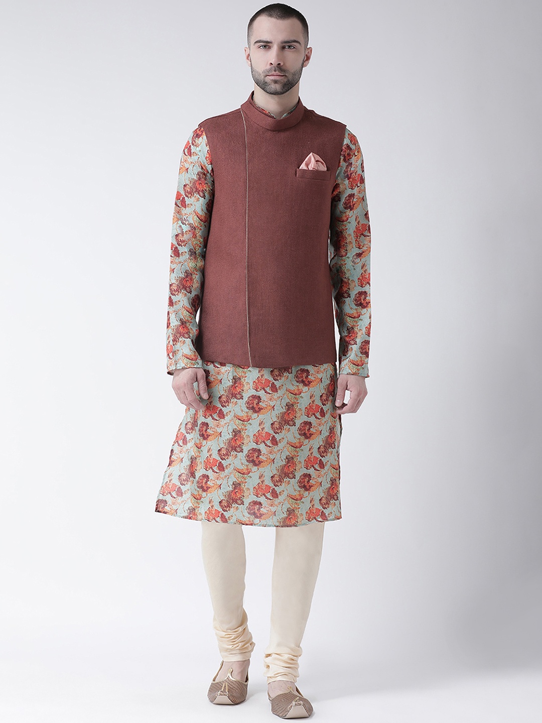 

KISAH Men Rust & Blue Printed Kurta with Churidar & Nehru Jacket