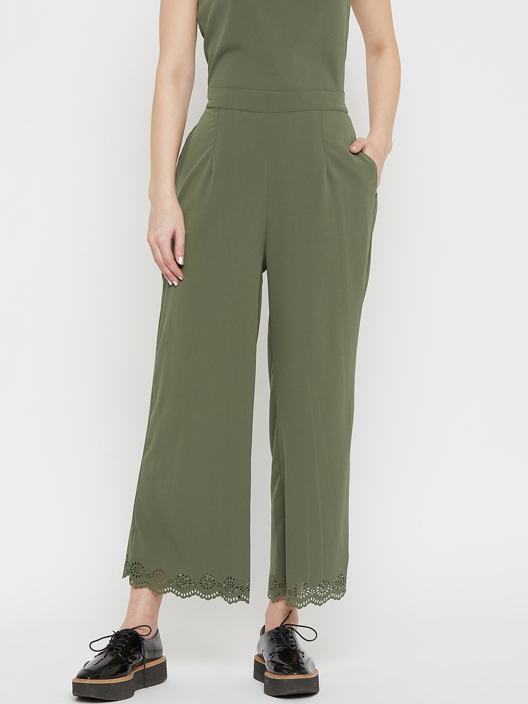 

Carlton London Women Olive Green Regular Fit Self Design Parallel Trousers