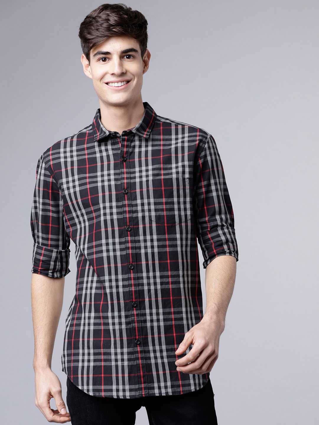 HIGHLANDER Men Black & White Slim Fit Checked Casual Shirt