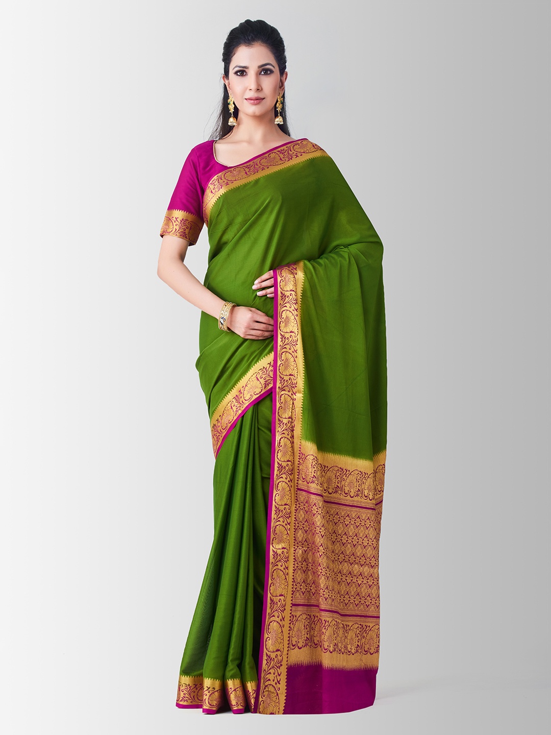 

MIMOSA Green & Purple Poly Crepe Solid Mysore Silk Saree
