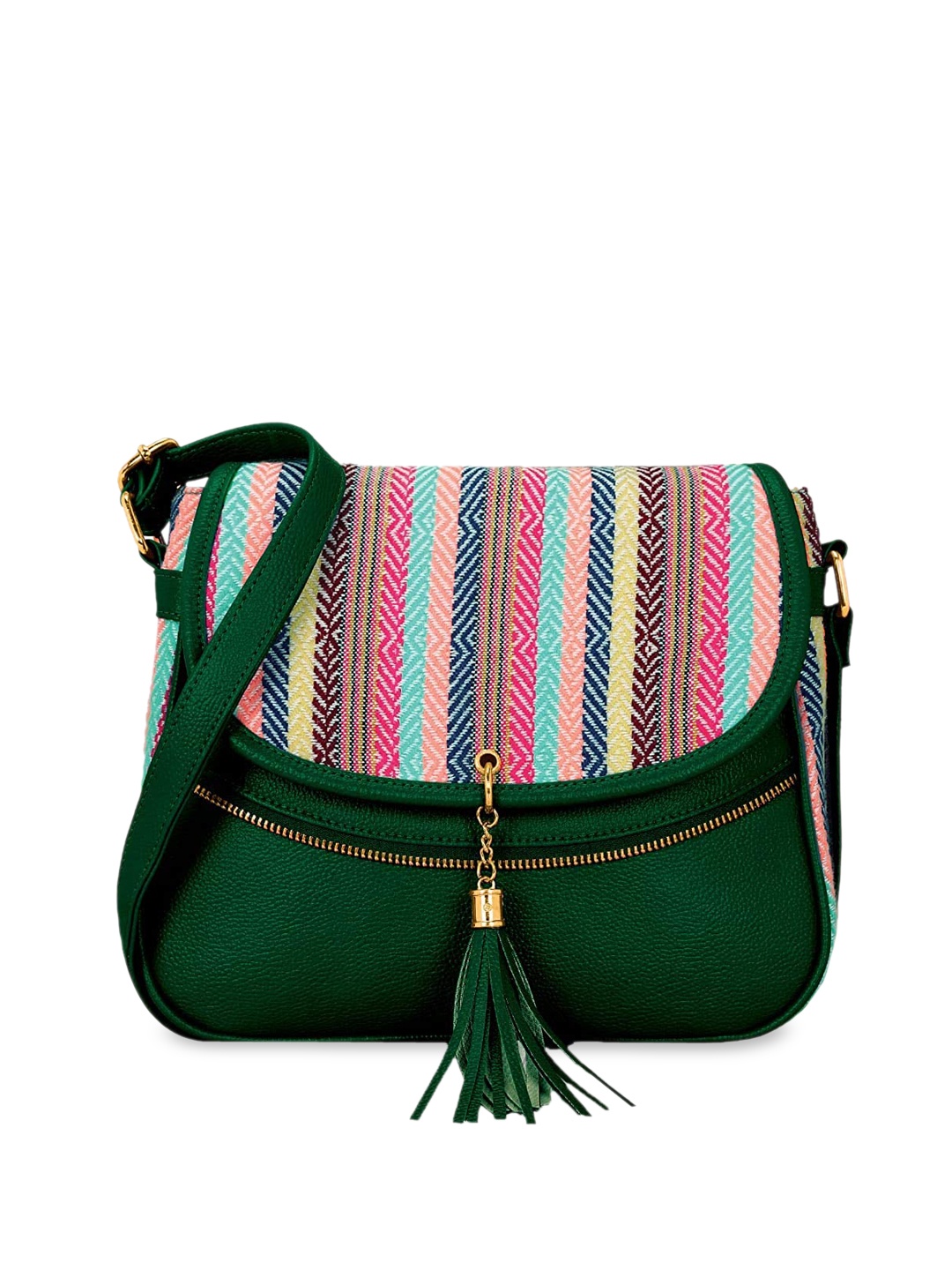 

KLEIO Green Jacquard Half Moon Sling Bag with Tasselled