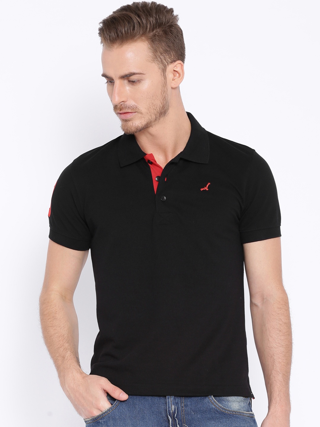 

American Crew Men Black Solid Polo Collar T-shirt