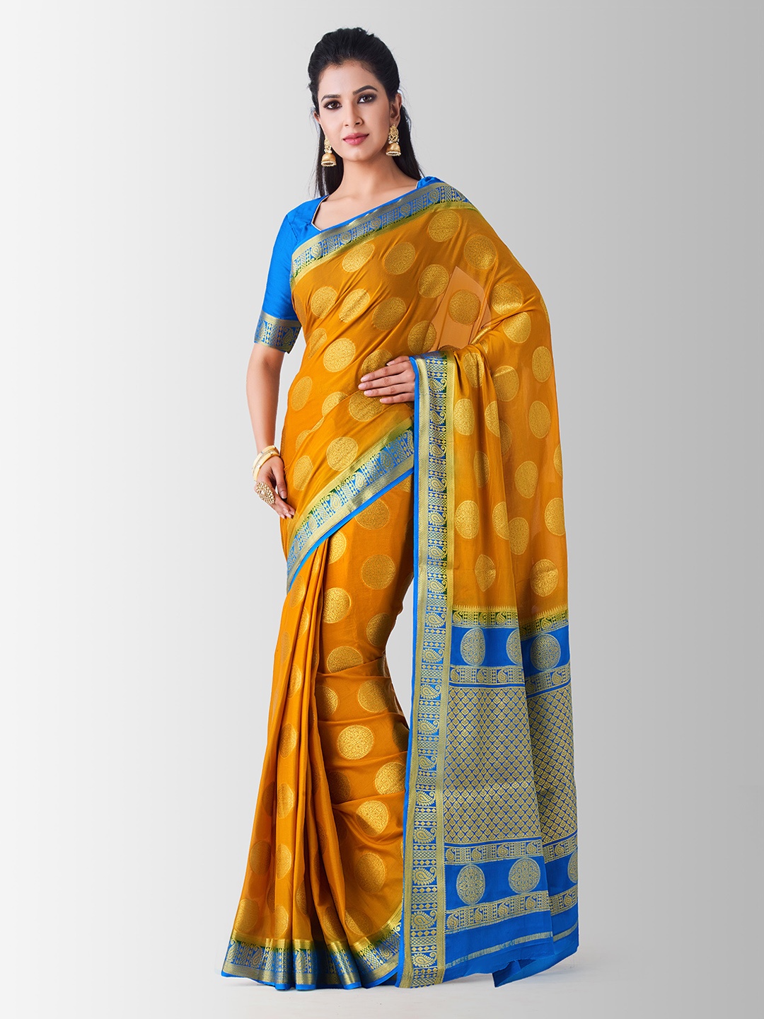 

MIMOSA Yellow Poly Crepe Woven Design Mysore Silk Saree