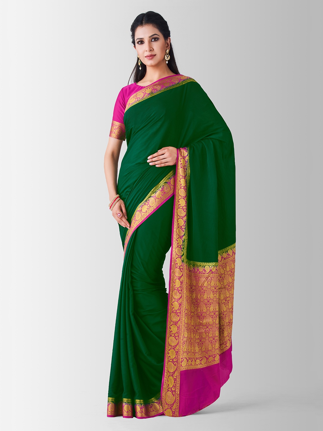 

MIMOSA Green Poly Crepe Woven Design Mysore Silk Saree