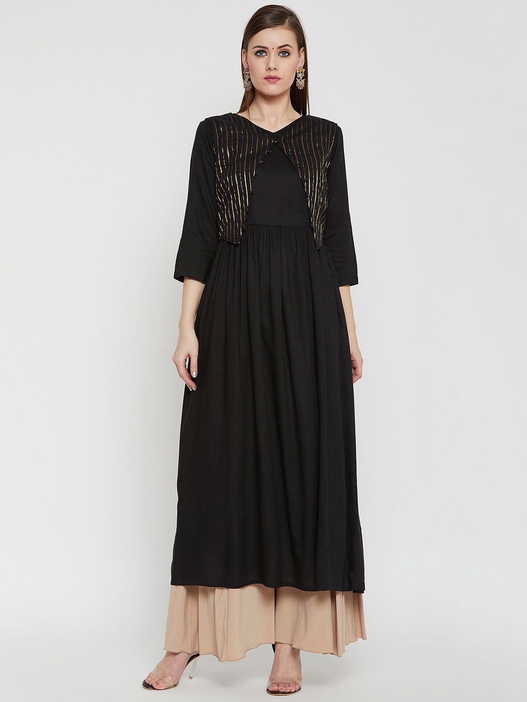 

RARE ROOTS Women Black Striped A-Line Kurta
