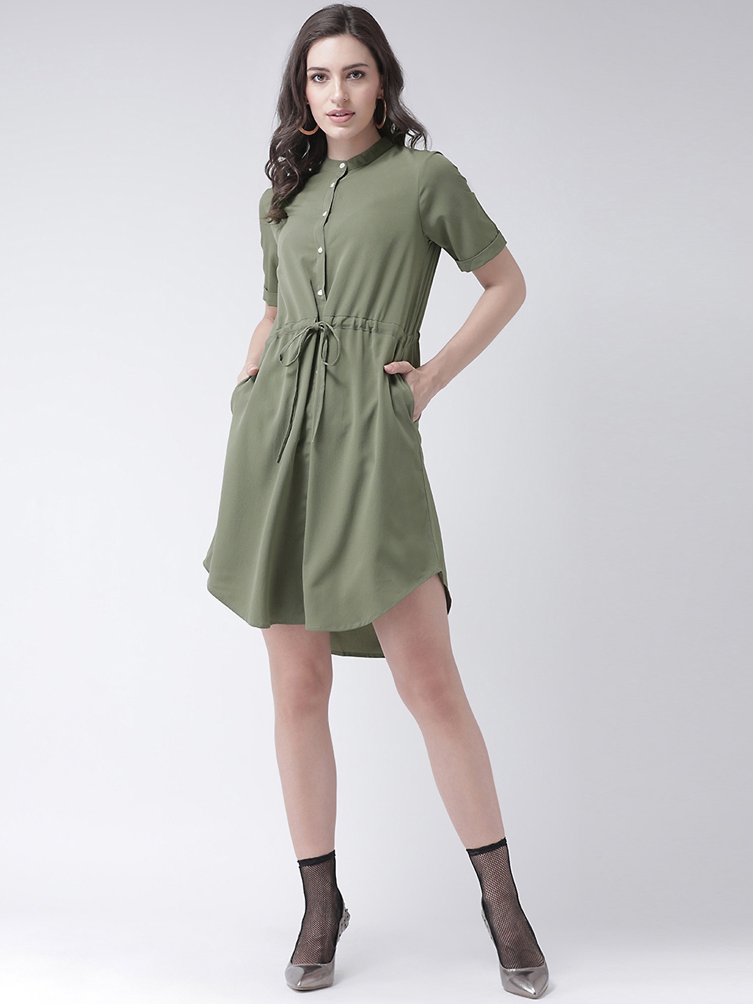 

MsFQ Women Olive Green Solid Shirt Dress