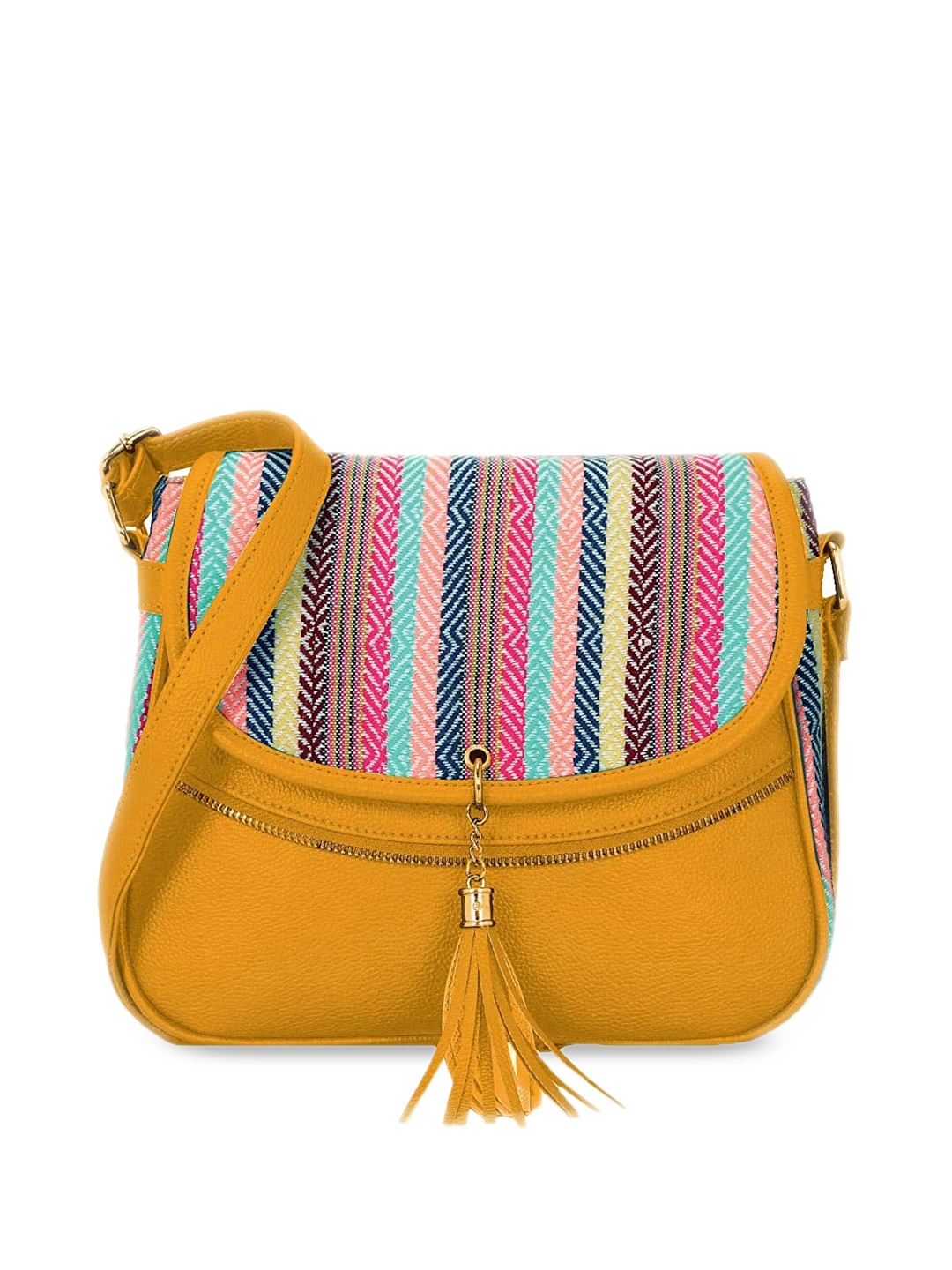 

KLEIO Mustard Jacquard Half Moon Sling Bag with Tasselled