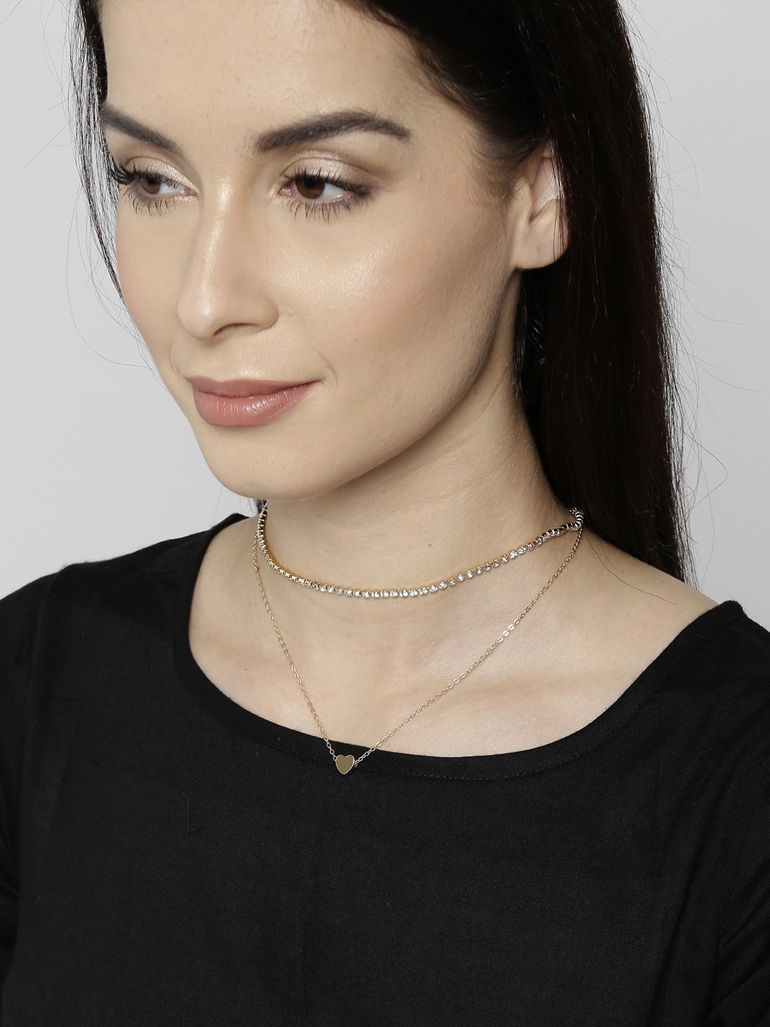 

OOMPH Set of 2 Gold Tone Crytsal Studded Heart Motif Multi Layer Necklace Set