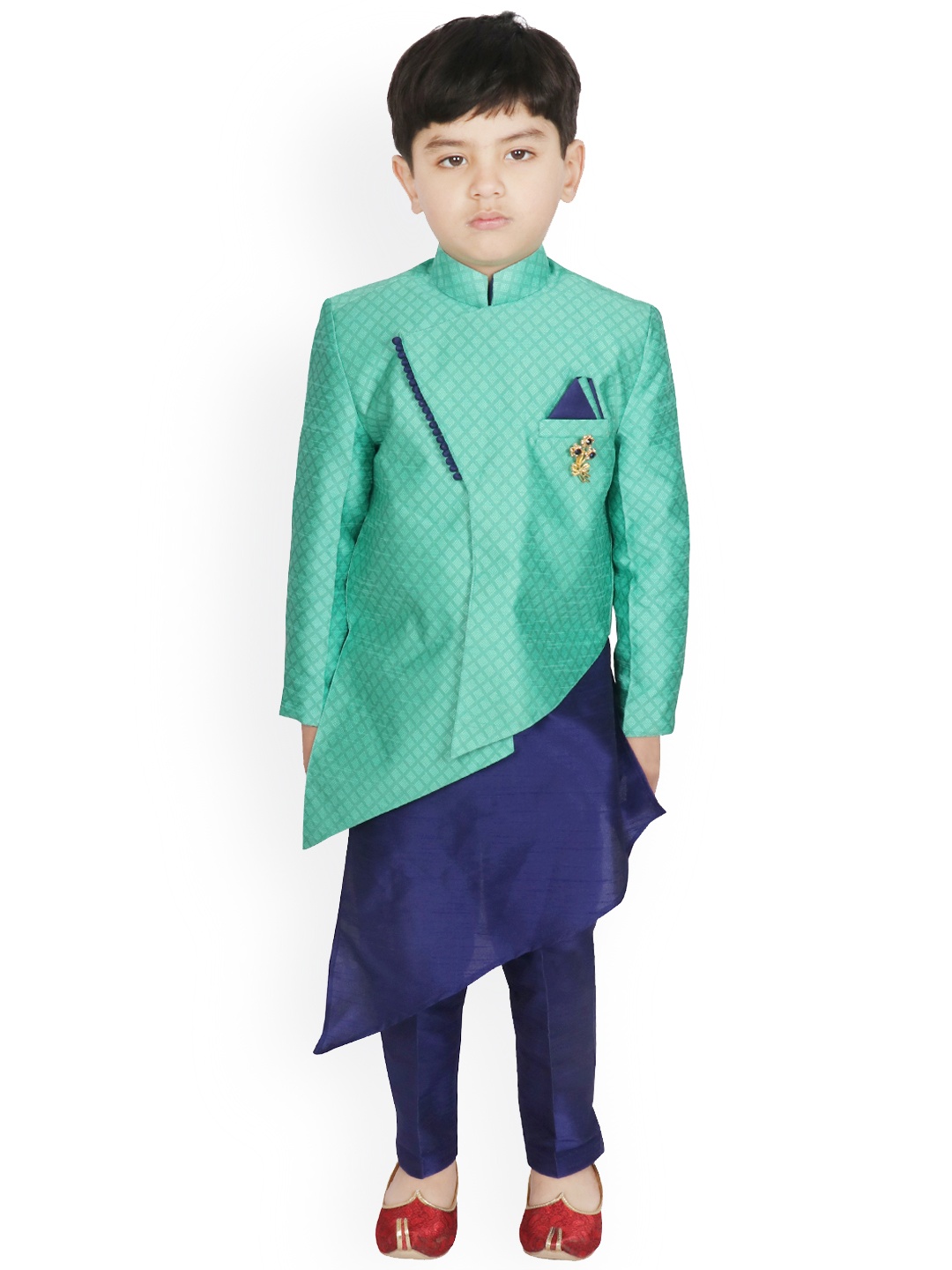 

SG YUVRAJ Boys Sea Green & Navy Blue Self Design Kurta with Trousers