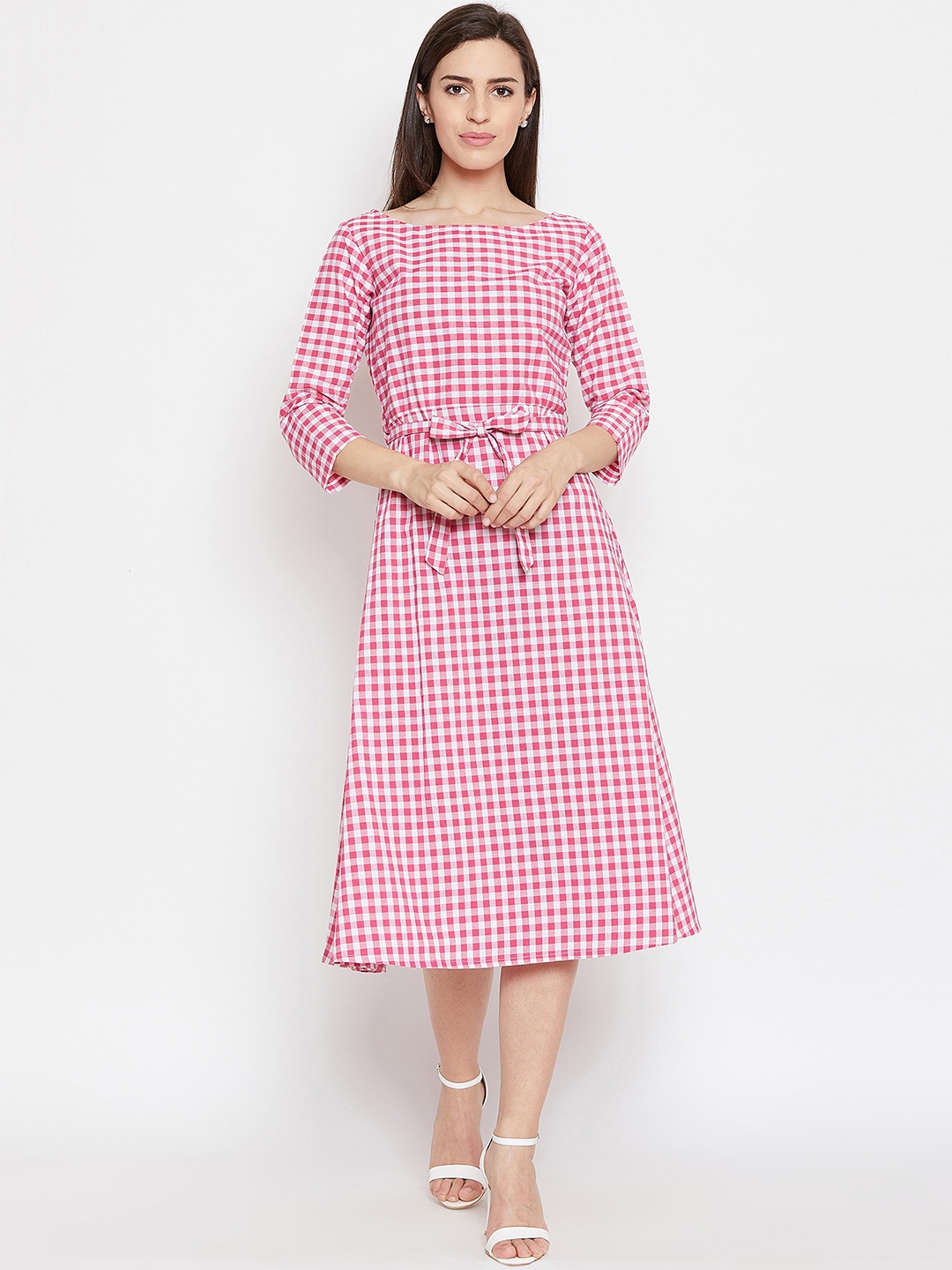 

FABNEST Women Pink & White Checked A-Line Dress