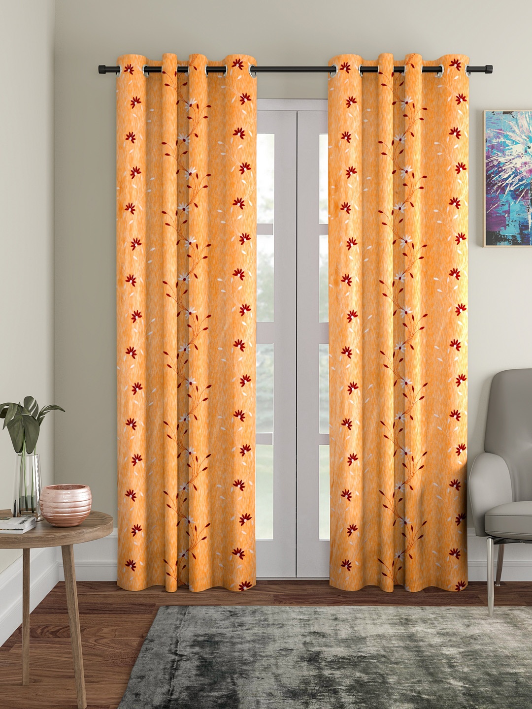 

Cortina Orange Set of 2 Long Door Floral Print Curtains