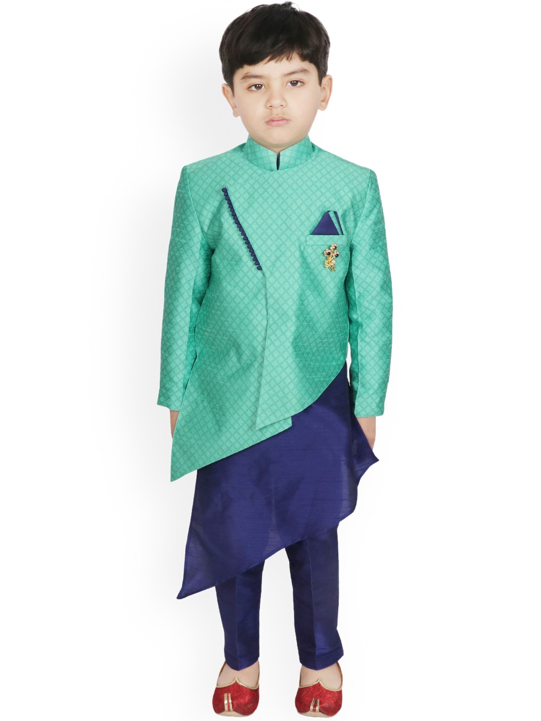 

SG YUVRAJ Boys Sea Green & Navy Blue Self Design Kurta with Trousers