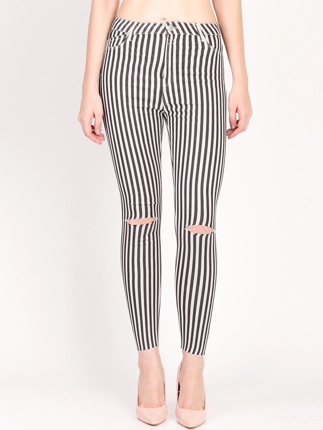 

Kotty Women White & Black Skinny Fit High-Rise Slash Knee Striped Jeans