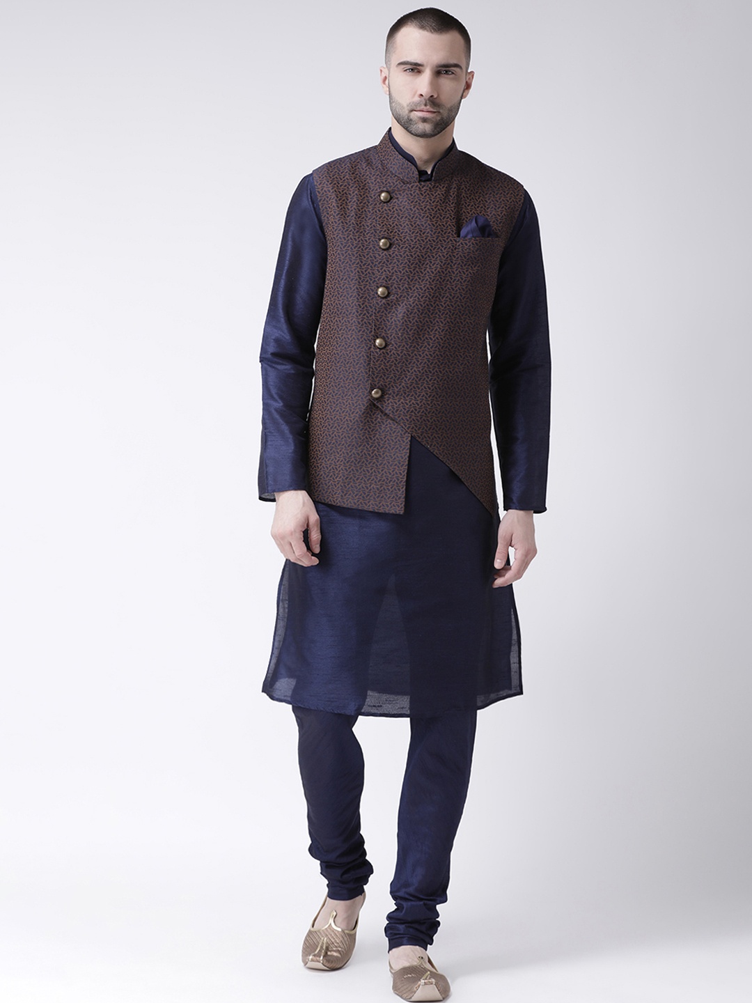 

KISAH Men Brown & Navy Blue Solid Kurta with Churidar & Nehru Jacket