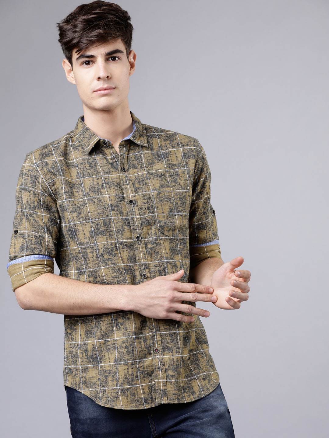 

LOCOMOTIVE Men Khaki & Navy Blue Slim Fit Checked Casual Shirt