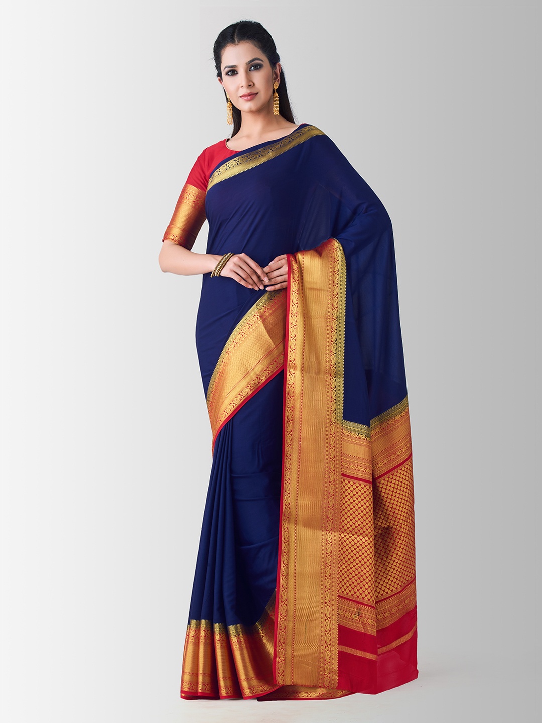 

MIMOSA Navy Blue Poly Crepe Solid Mysore Silk Saree