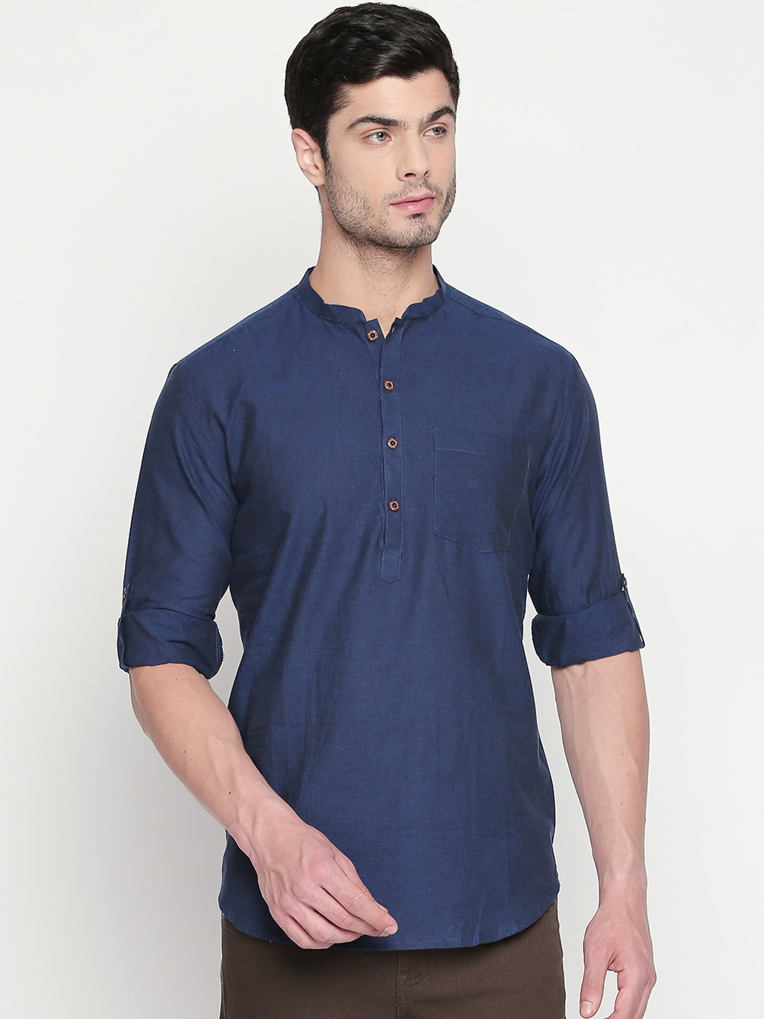 

indus route by Pantaloons Men Navy Blue Woven Design Straight Kurta