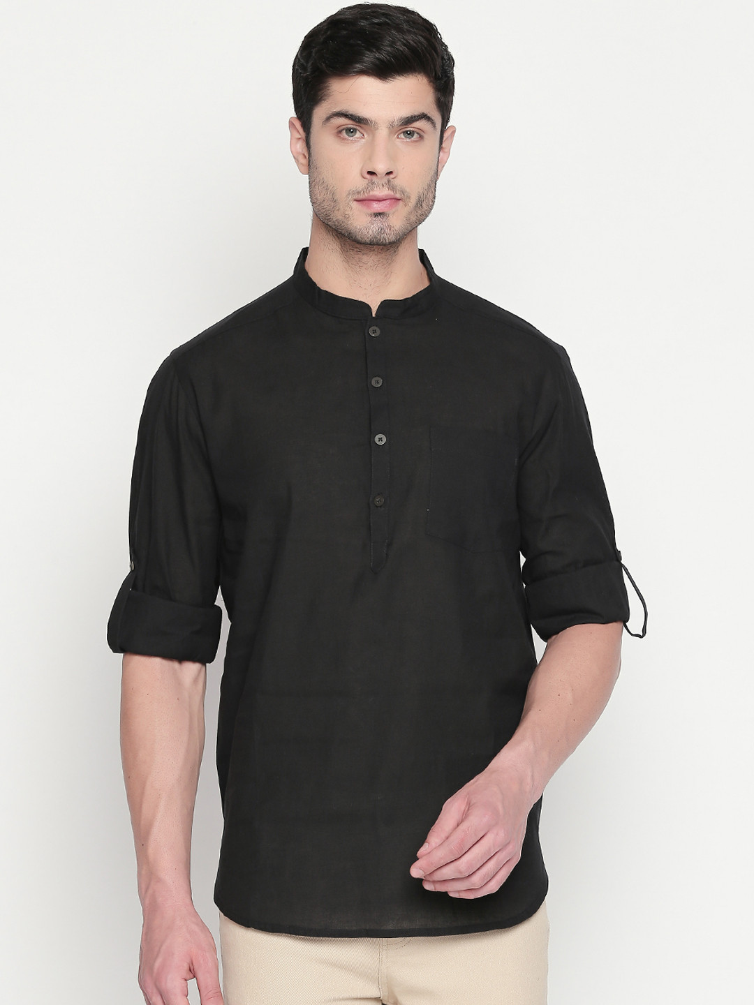 

indus route by Pantaloons Men Black Woven Design Straight Kurta
