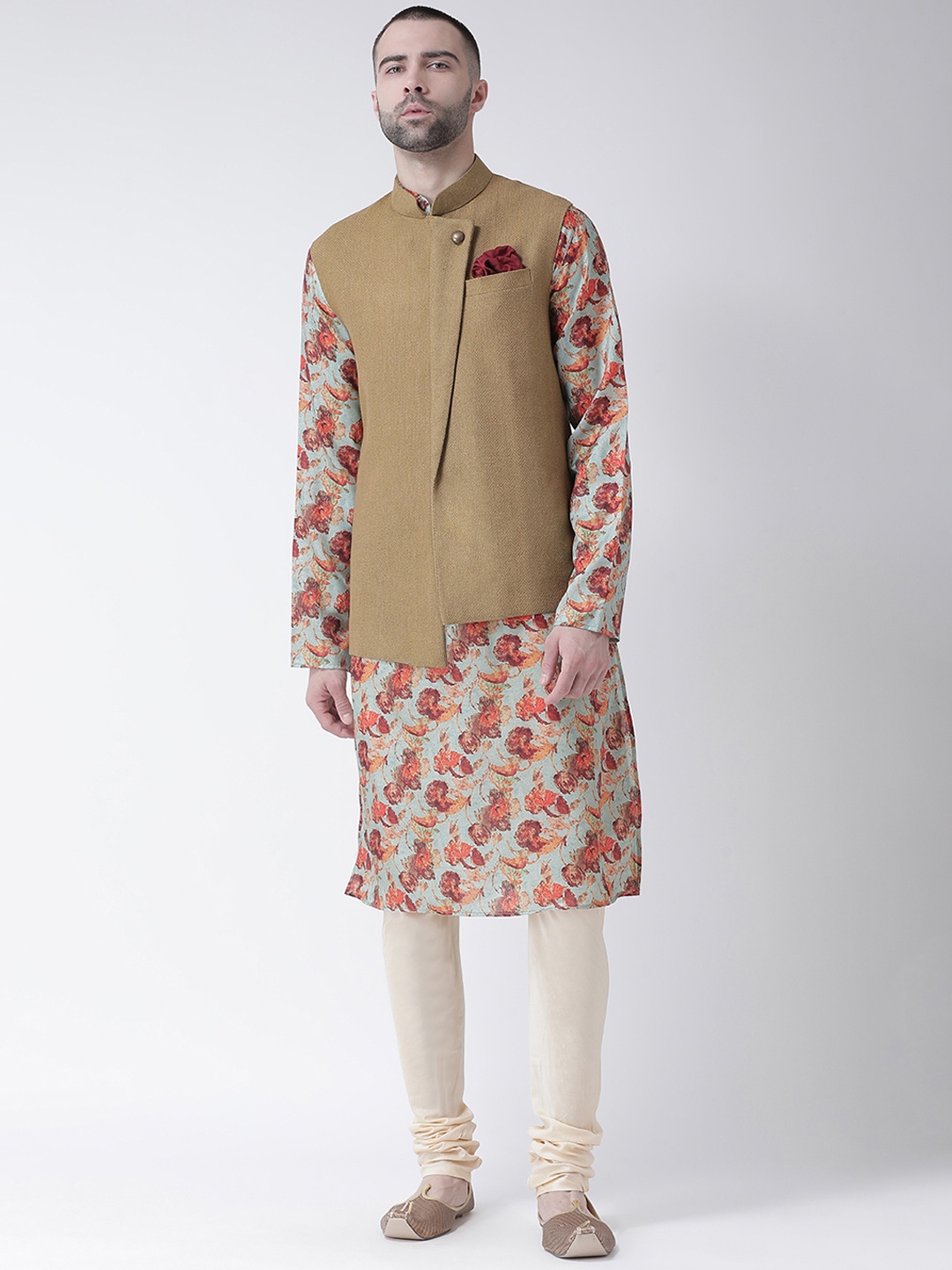 KISAH Men Beige & Coral Red Printed Kurta with Churidar and Nehru Jacket