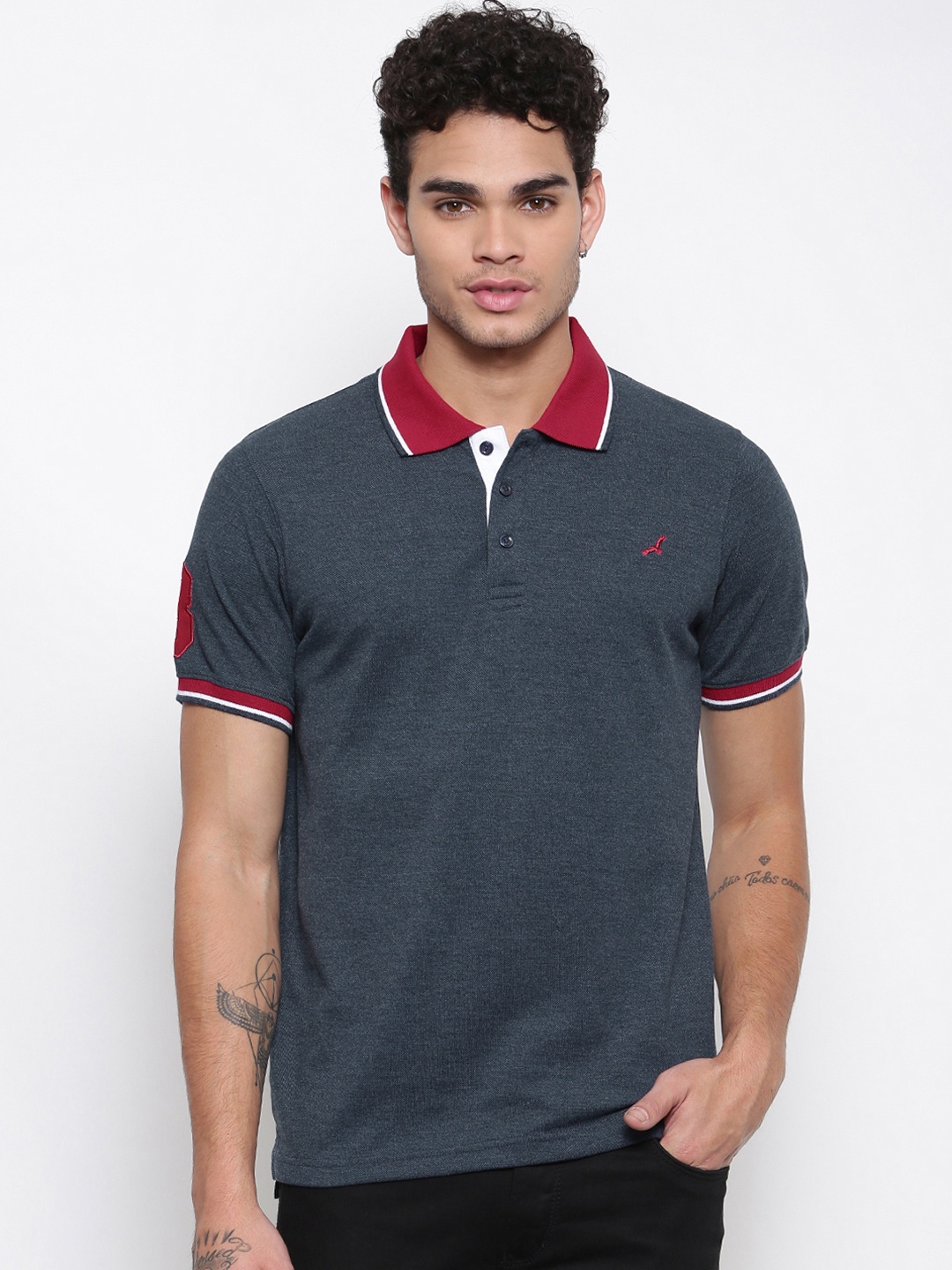 American Crew Men Navy Blue Solid Polo Collar T-shirt