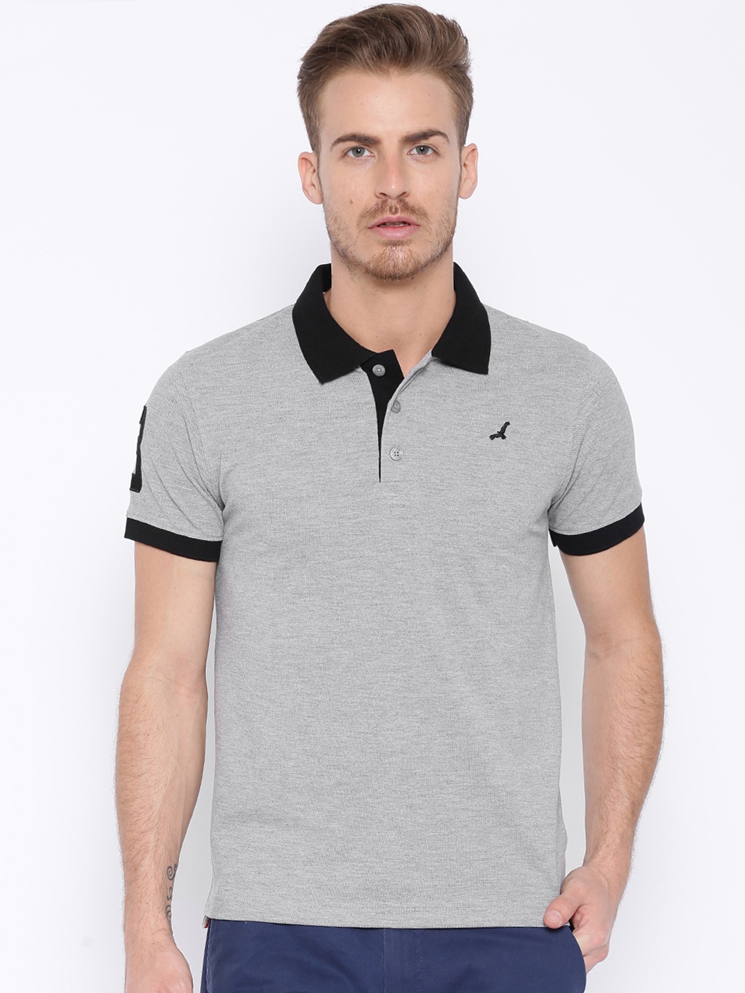 

American Crew Men Grey Printed Polo Collar T-shirt
