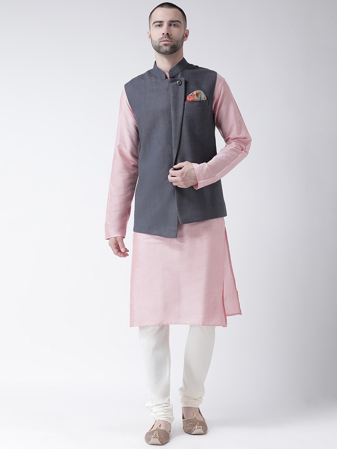 

KISAH Men Pink & White Solid Kurta with Churidar & Nehru Jacket