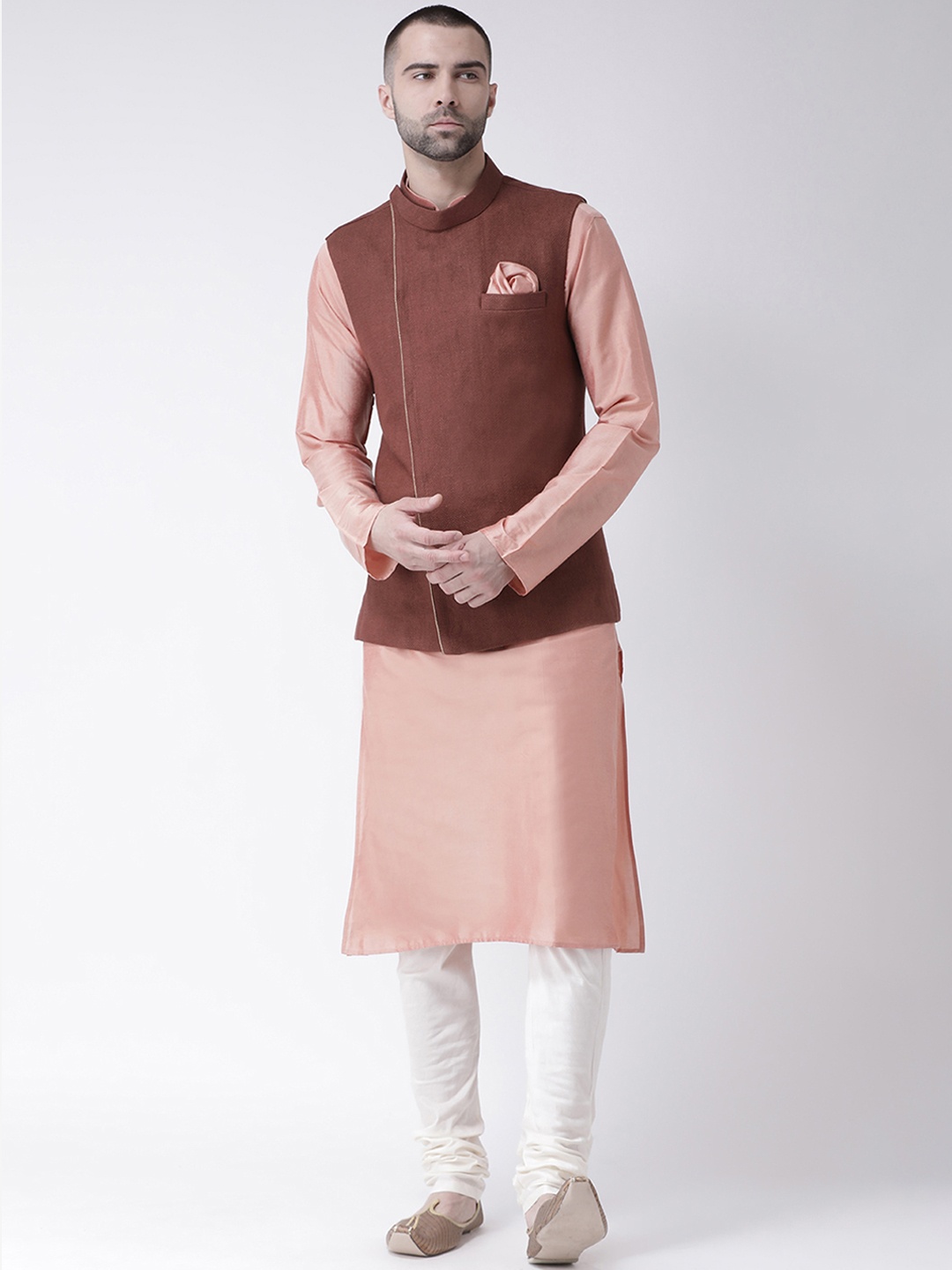 

KISAH Men Rust Brown & Pink Solid Kurta with Churidar and Nehru Jacket