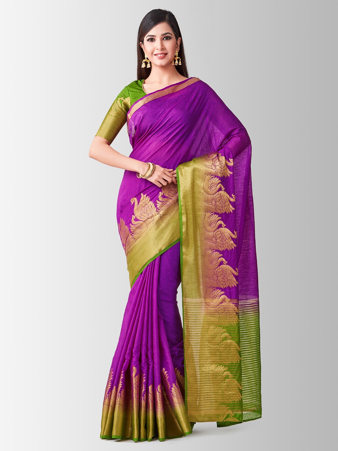 

MIMOSA Purple & Green Linen Blend Woven Design Kanjeevaram Saree
