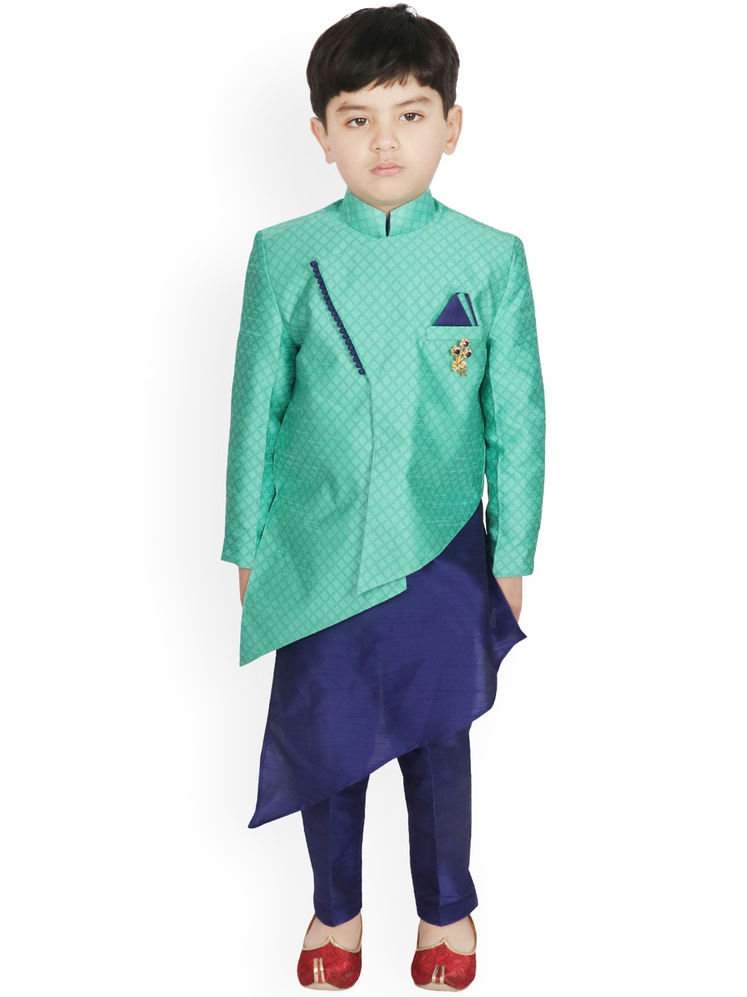 

SG YUVRAJ Boys Sea Green & Navy Blue Self Design Kurta with Trousers
