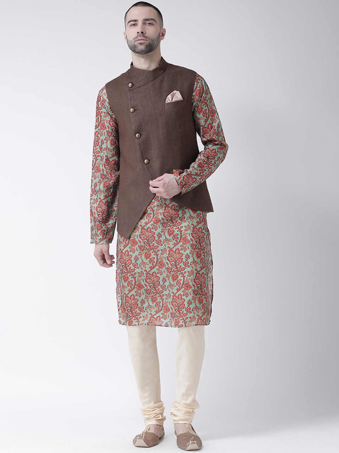 

KISAH Men Brown & Coral Red Printed Kurta with Churidar and Nehru Jacket