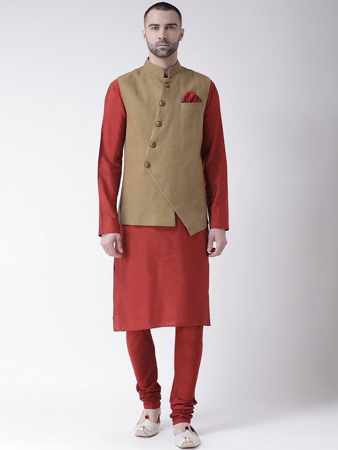 

KISAH Men Beige & Red Solid Kurta with Churidar and Nehru Jacket