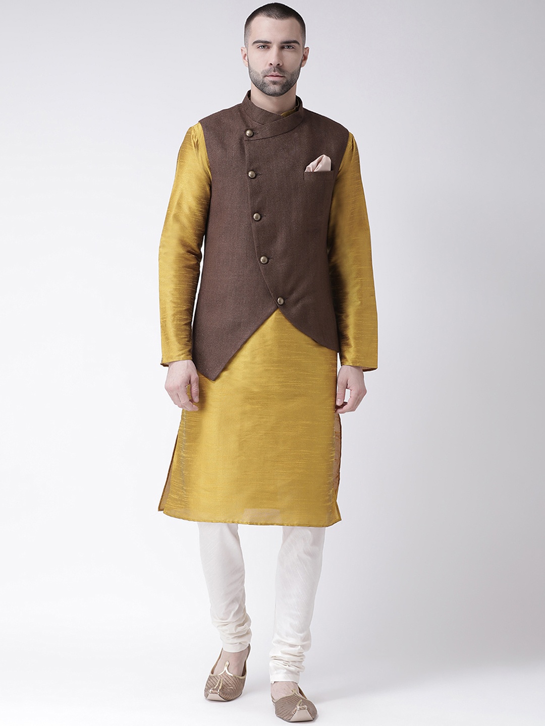 

KISAH Men Brown & Mustard Yellow Solid Kurta with Churidar and Nehru Jacket