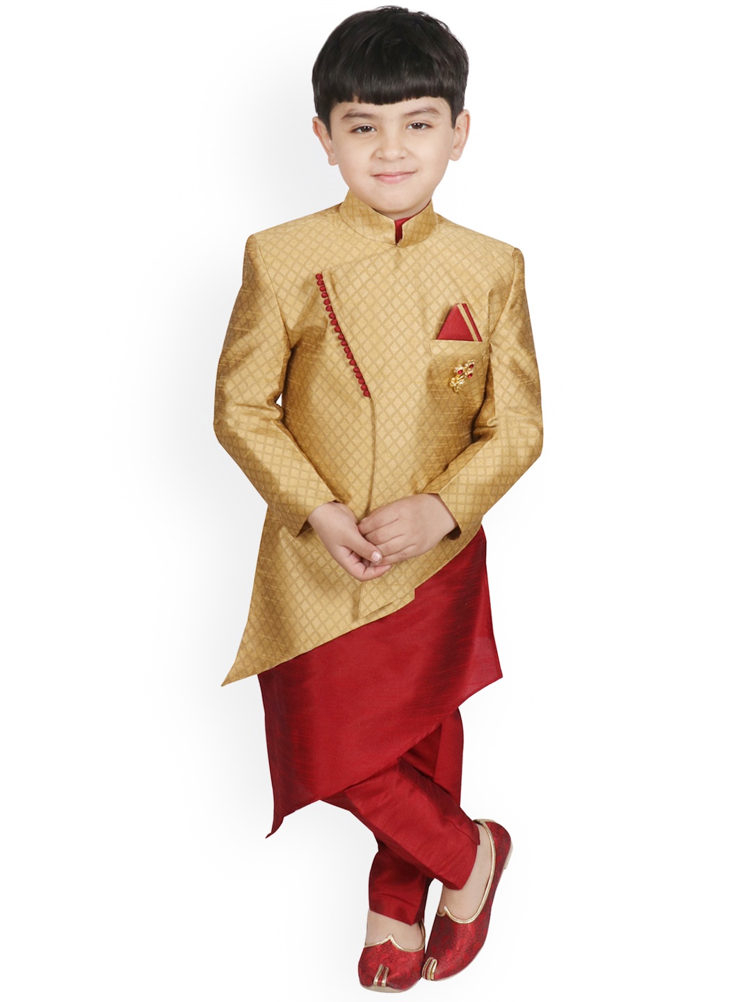 

SG YUVRAJ Boys Golden-Coloured & Red Self Design Kurta with Trousers, Gold