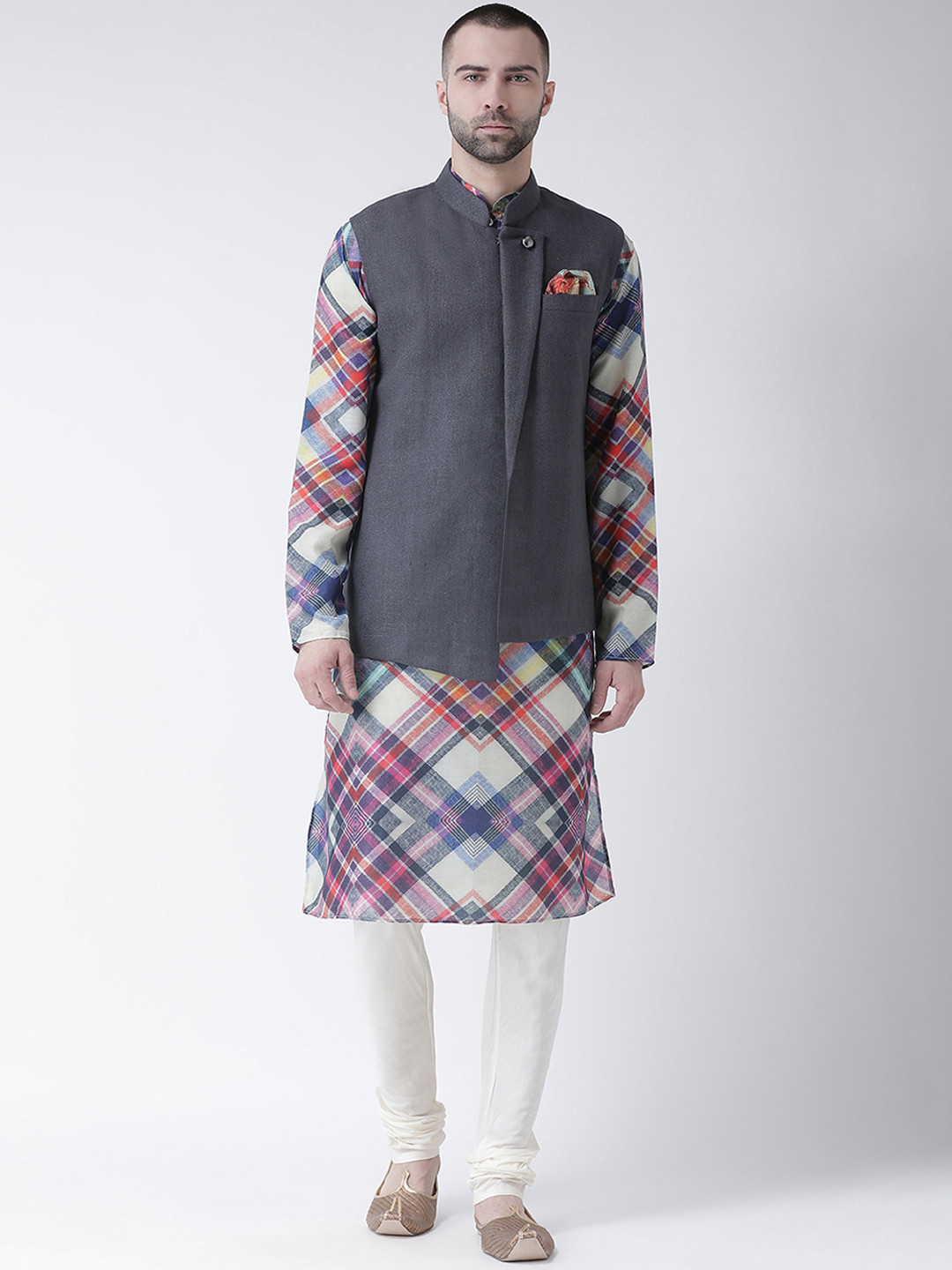 

KISAH Men Grey & Blue Printed Kurta with Churidar & Nehru Jacket