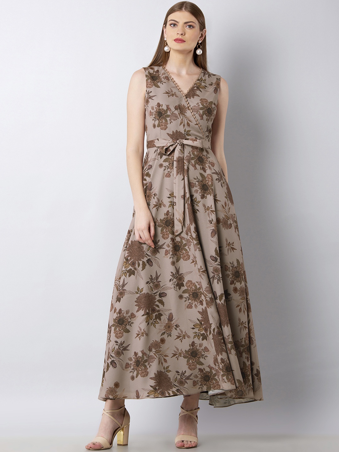 

FabAlley Women Brown Floral Print Fit and Flare Dress