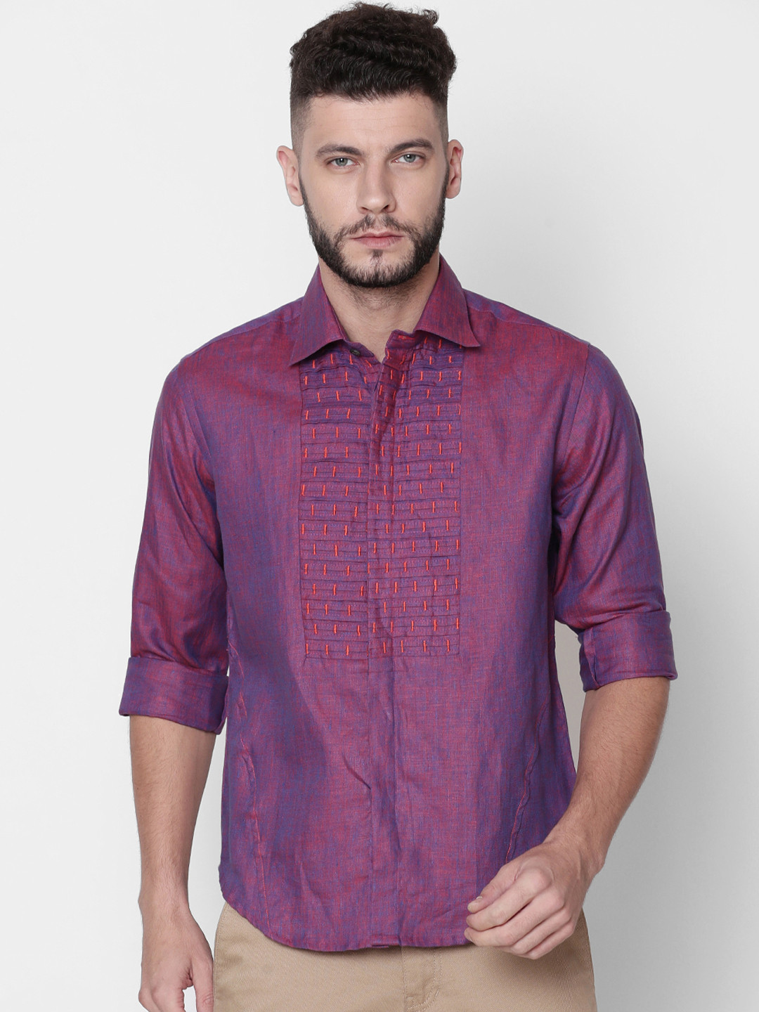 

Linen Club Men Maroon Regular Fit Self Design Casual Shirt