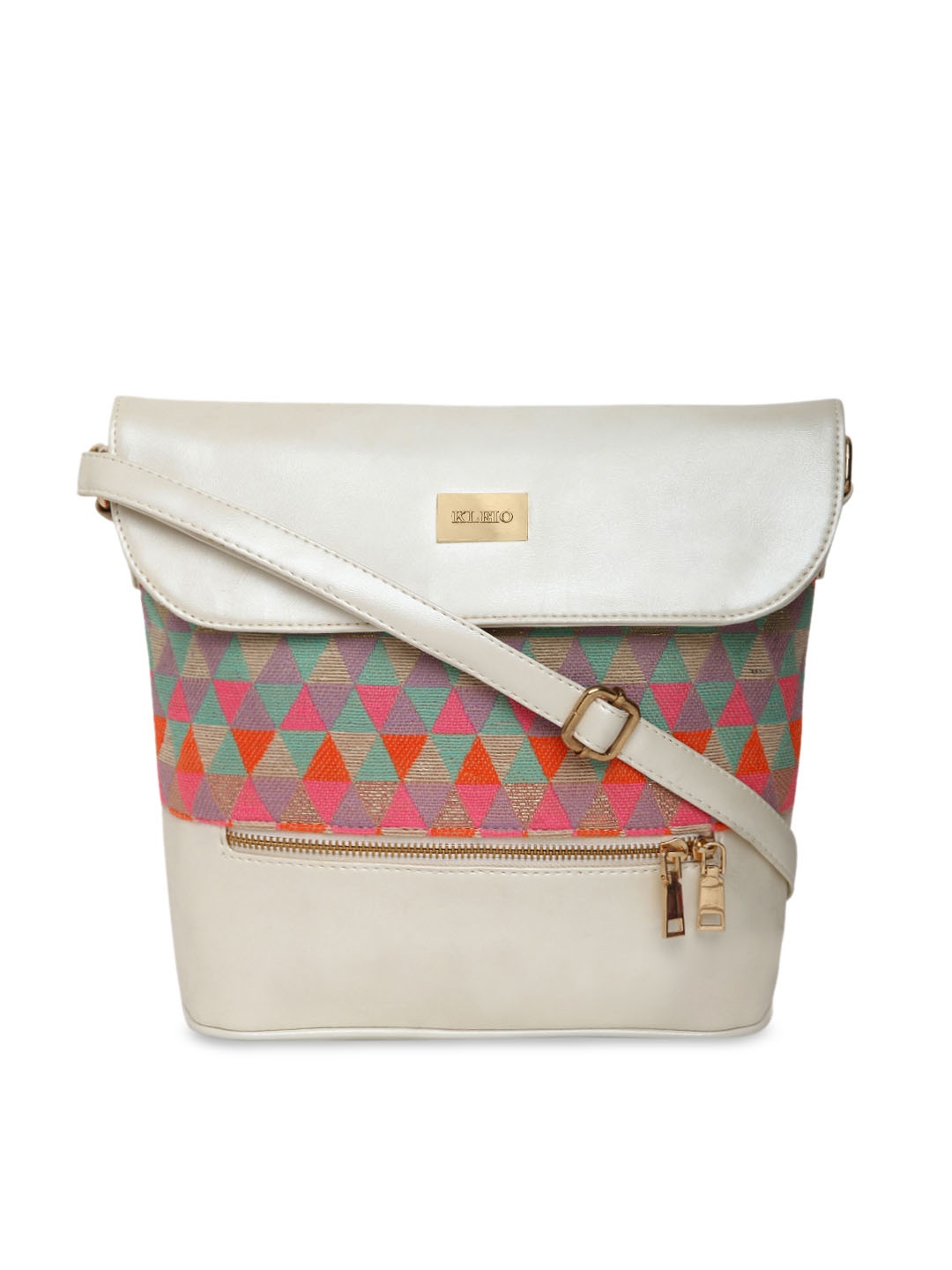 

KLEIO Women White & Orange Jacquard & PU Coated Sling Bag