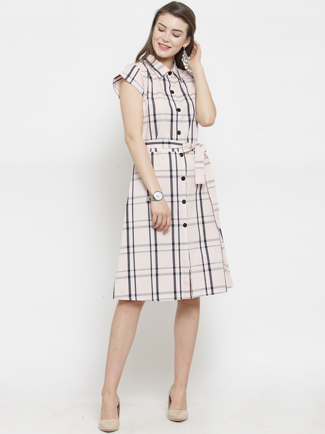 Purple State Women Peach-Coloured & Black Shirt Dress