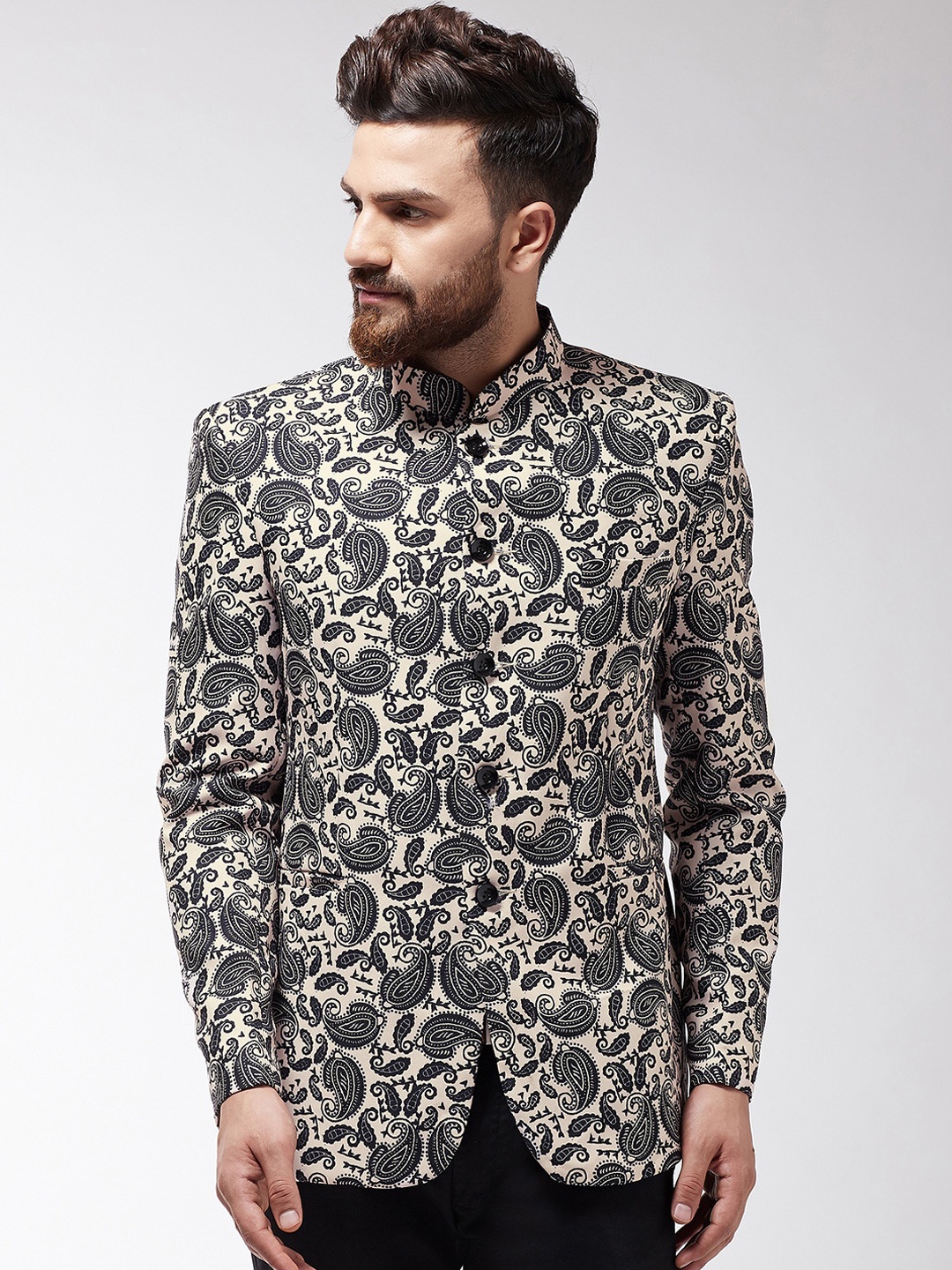 

SOJANYA Men Black & Off-White Printed Bandhgala Blazer