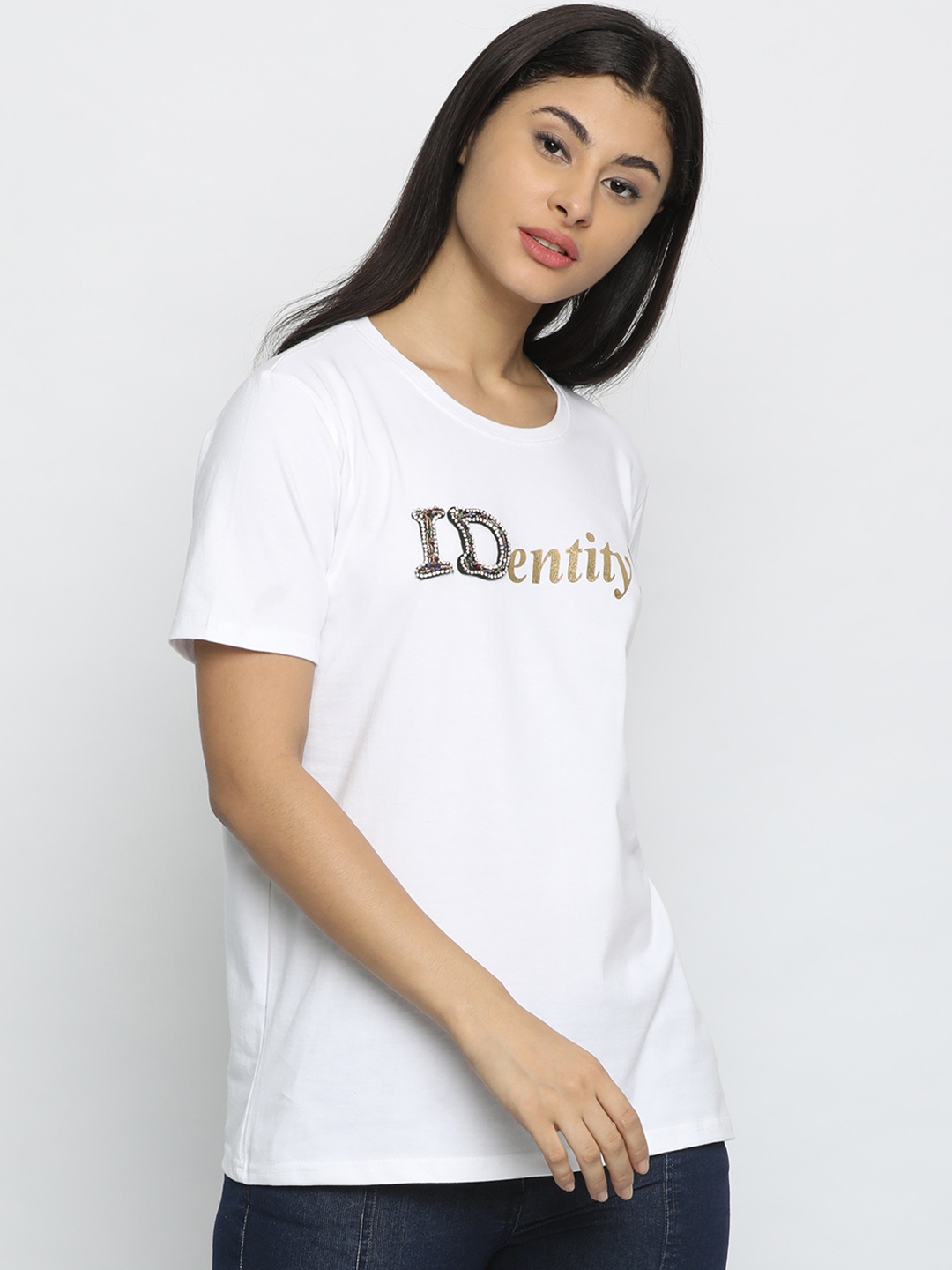 

ISU Women White Printed Round Neck T-shirt