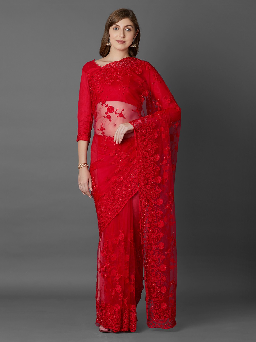 

Mitera Red Embroidered Net Saree