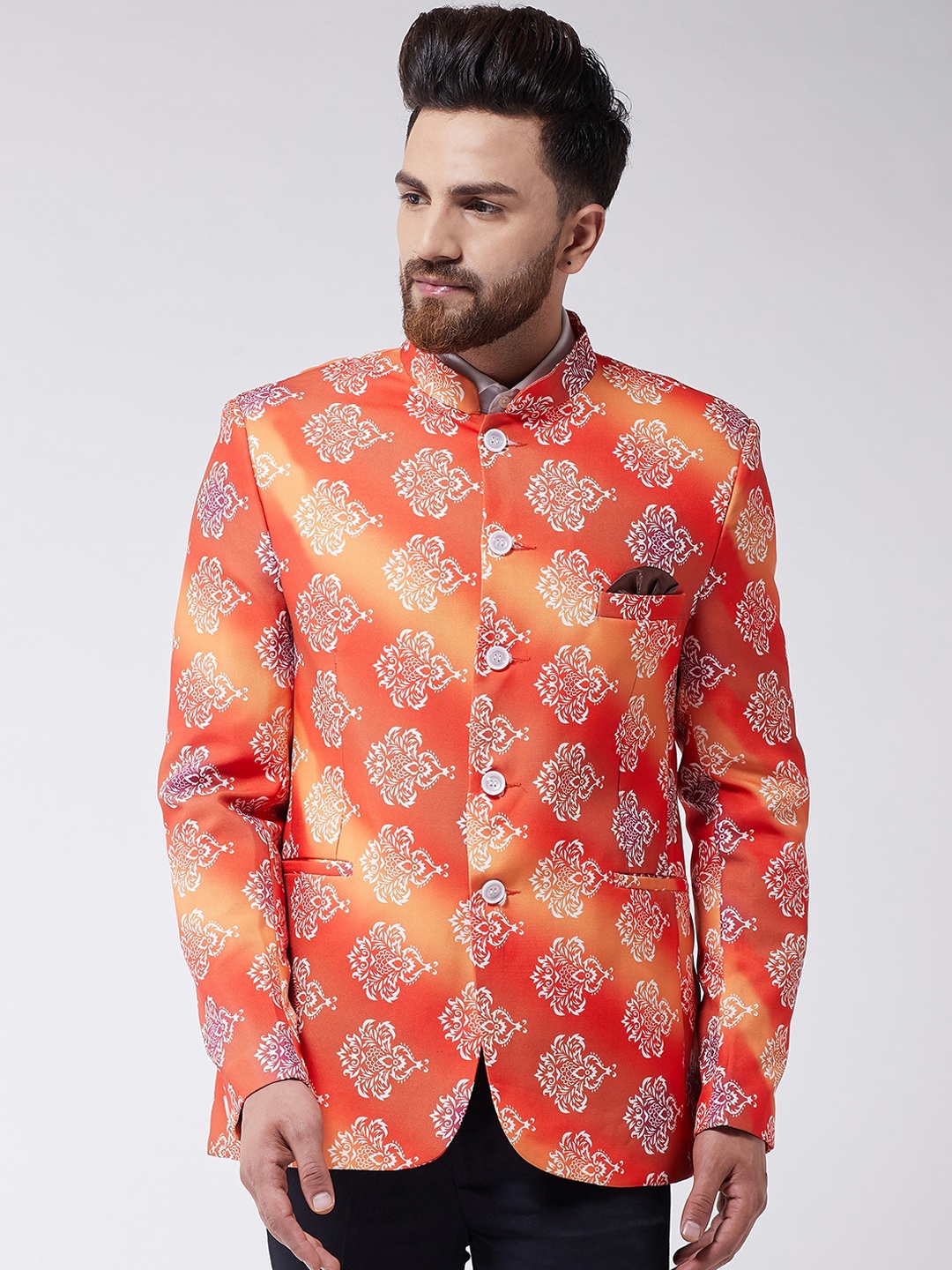 

SOJANYA Men's Orange Printed Bandhgala Blazer
