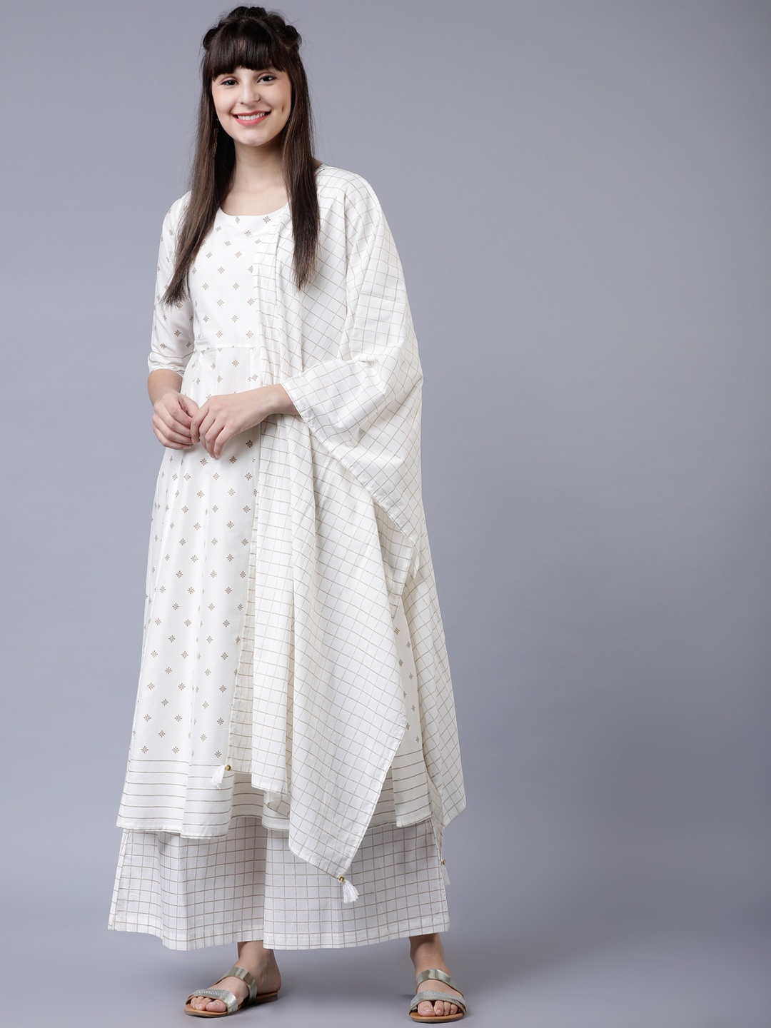 

Vishudh Women Off-White & Gold-Toned Printed Kurta with Palazzos & Dupatta