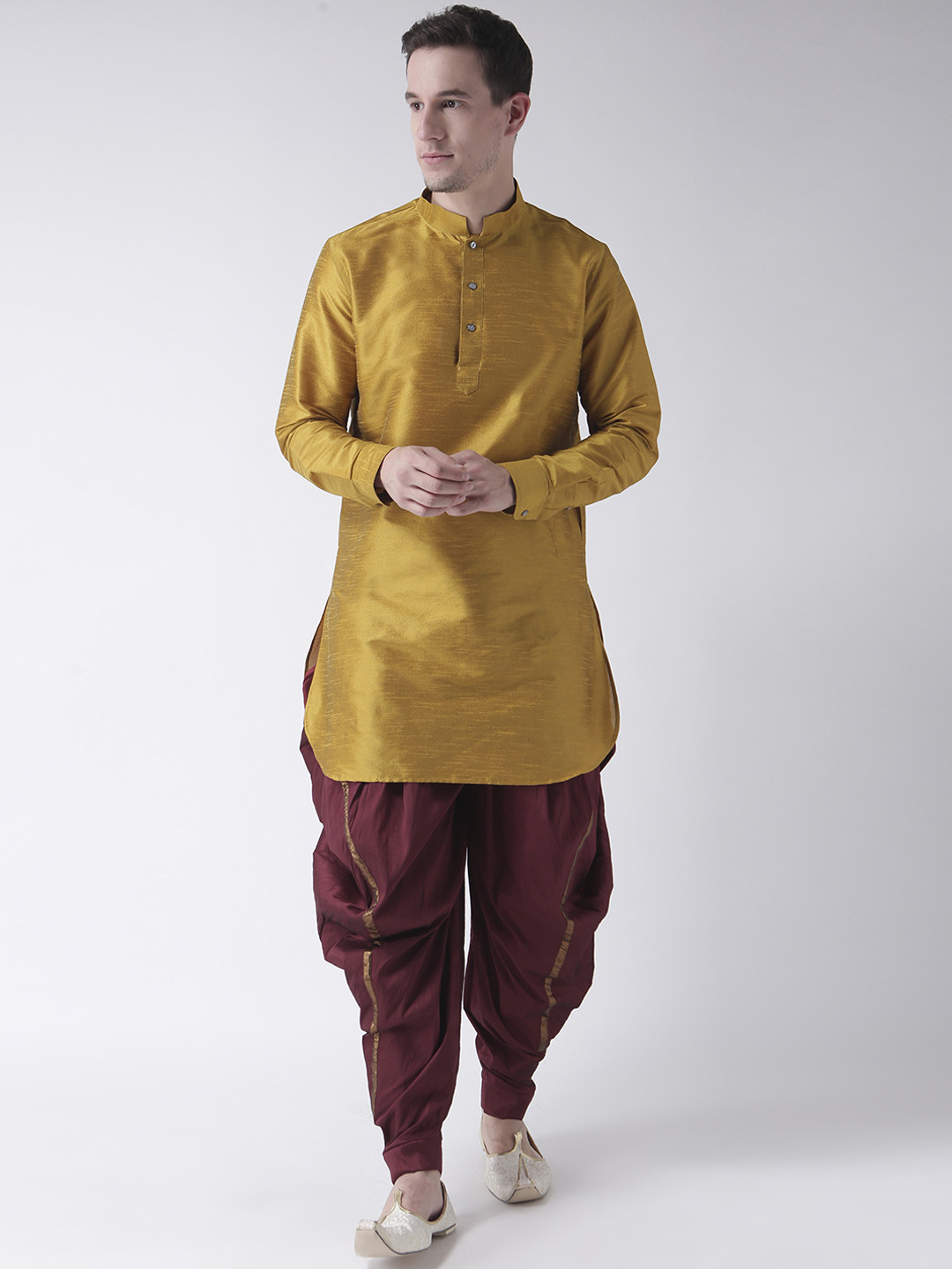 

DEYANN Men Yellow & Maroon Solid Kurta with Dhoti Pants