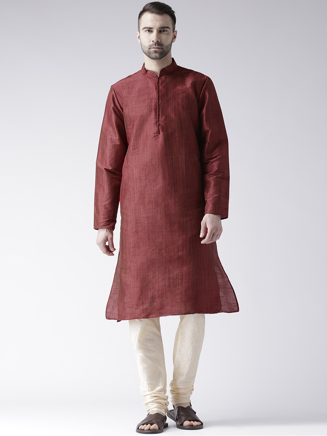 

DEYANN Men Red & Cream-Coloured Solid Kurta with Churidar