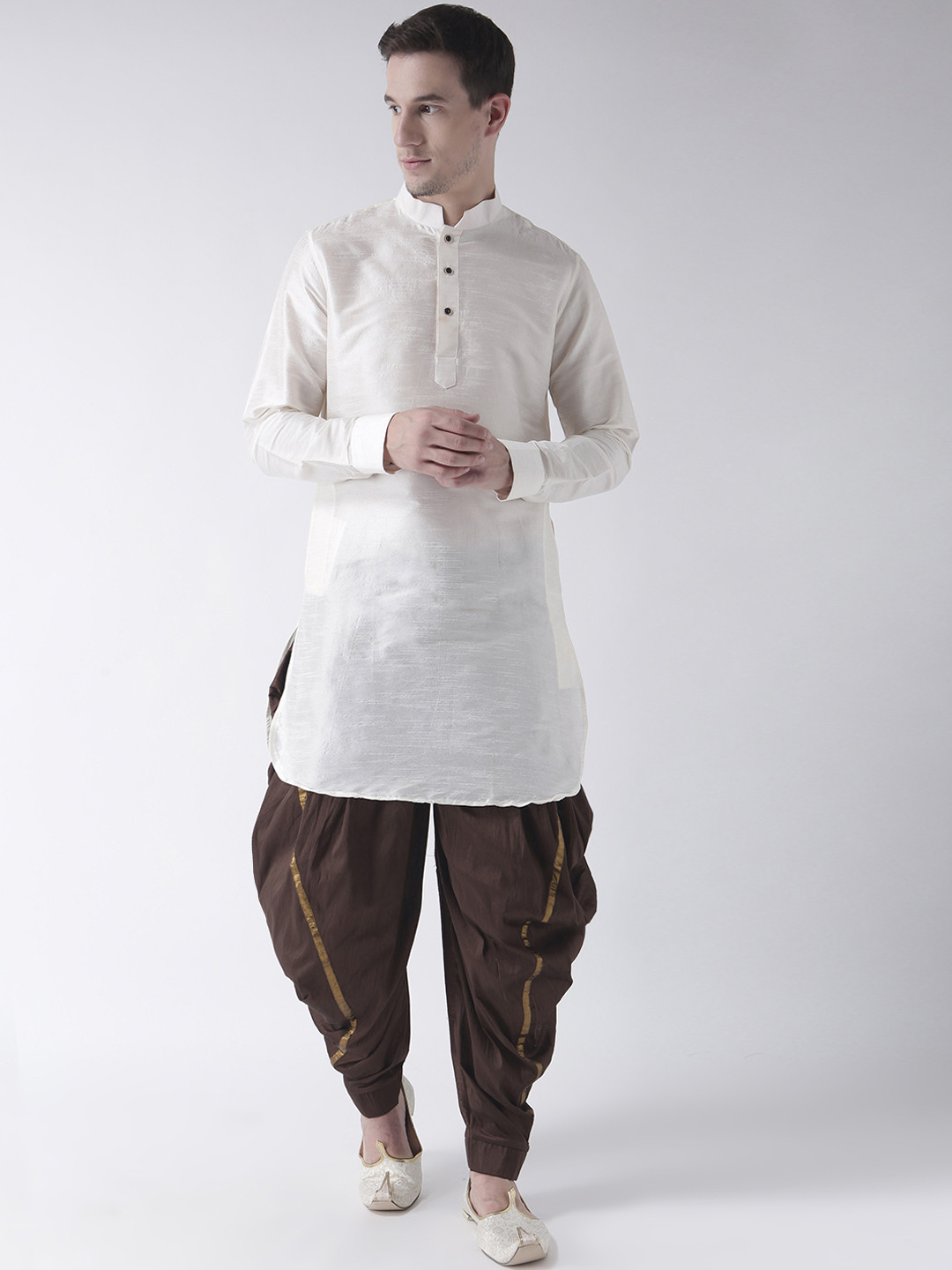 

DEYANN Men Off-White & Brown Solid Kurta with Dhoti Pants