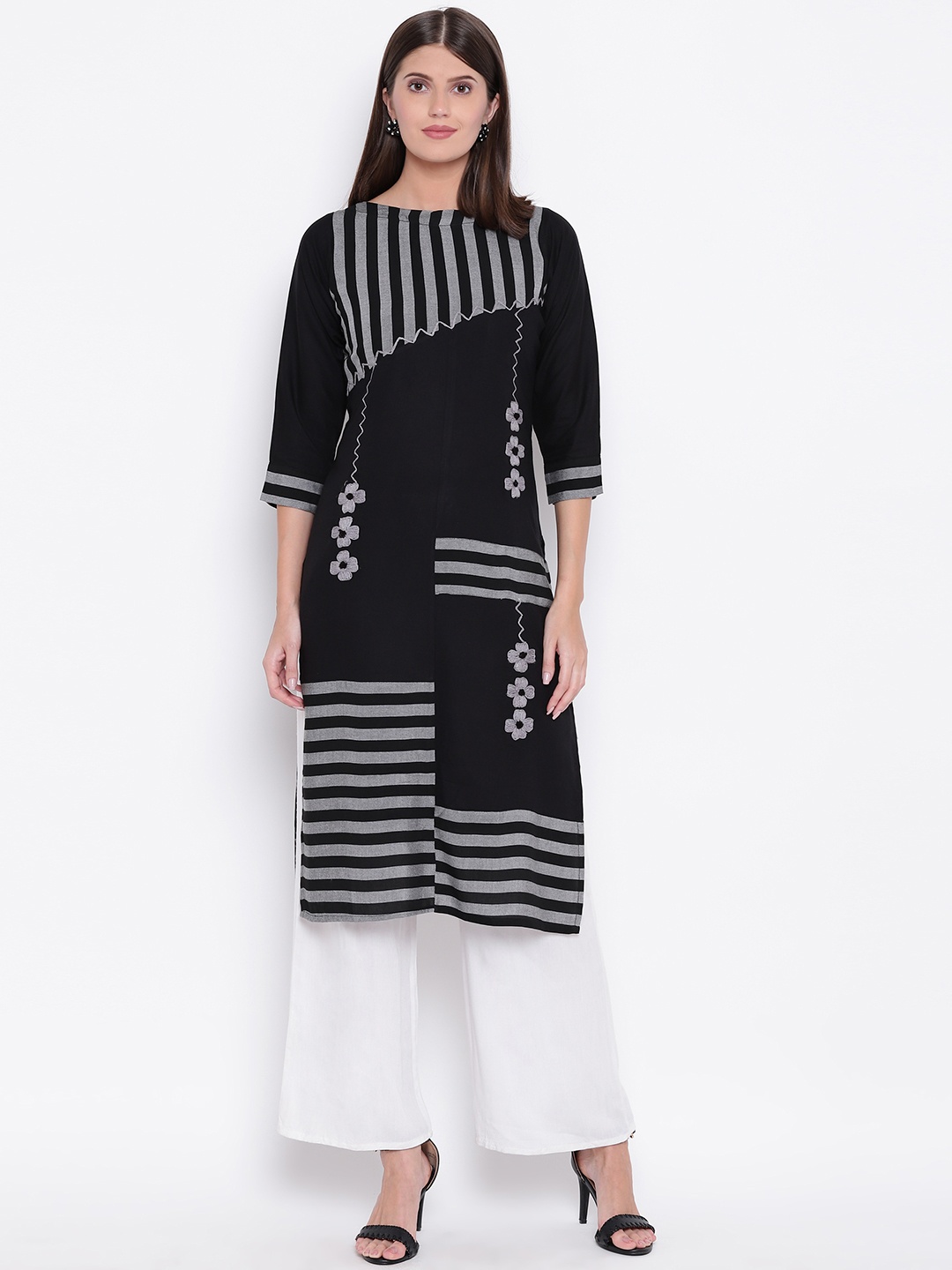 

Kvsfab Women Black & Grey Striped Straight Kurta
