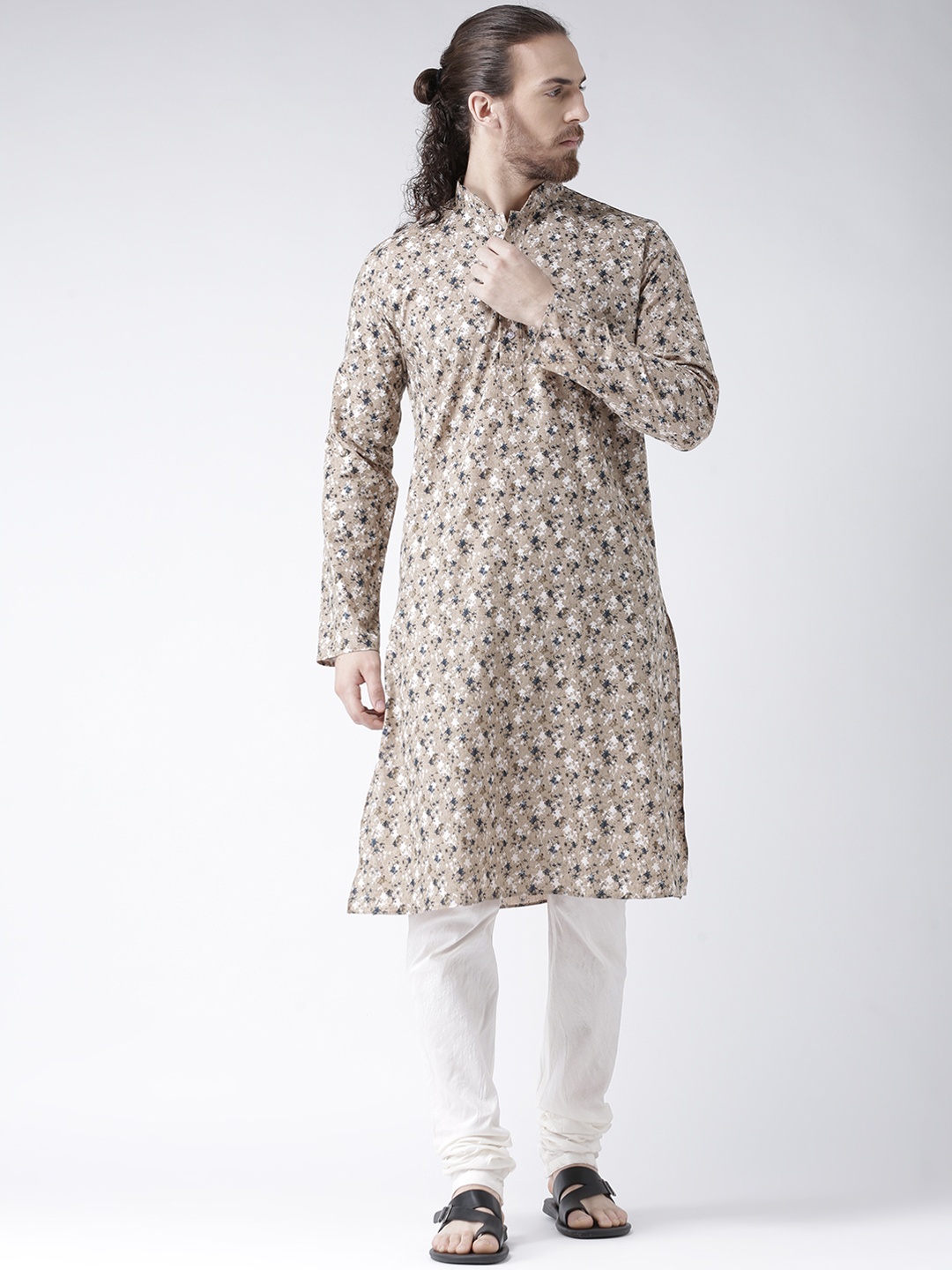 

DEYANN Men Brown & White Printed Kurta with Churidar